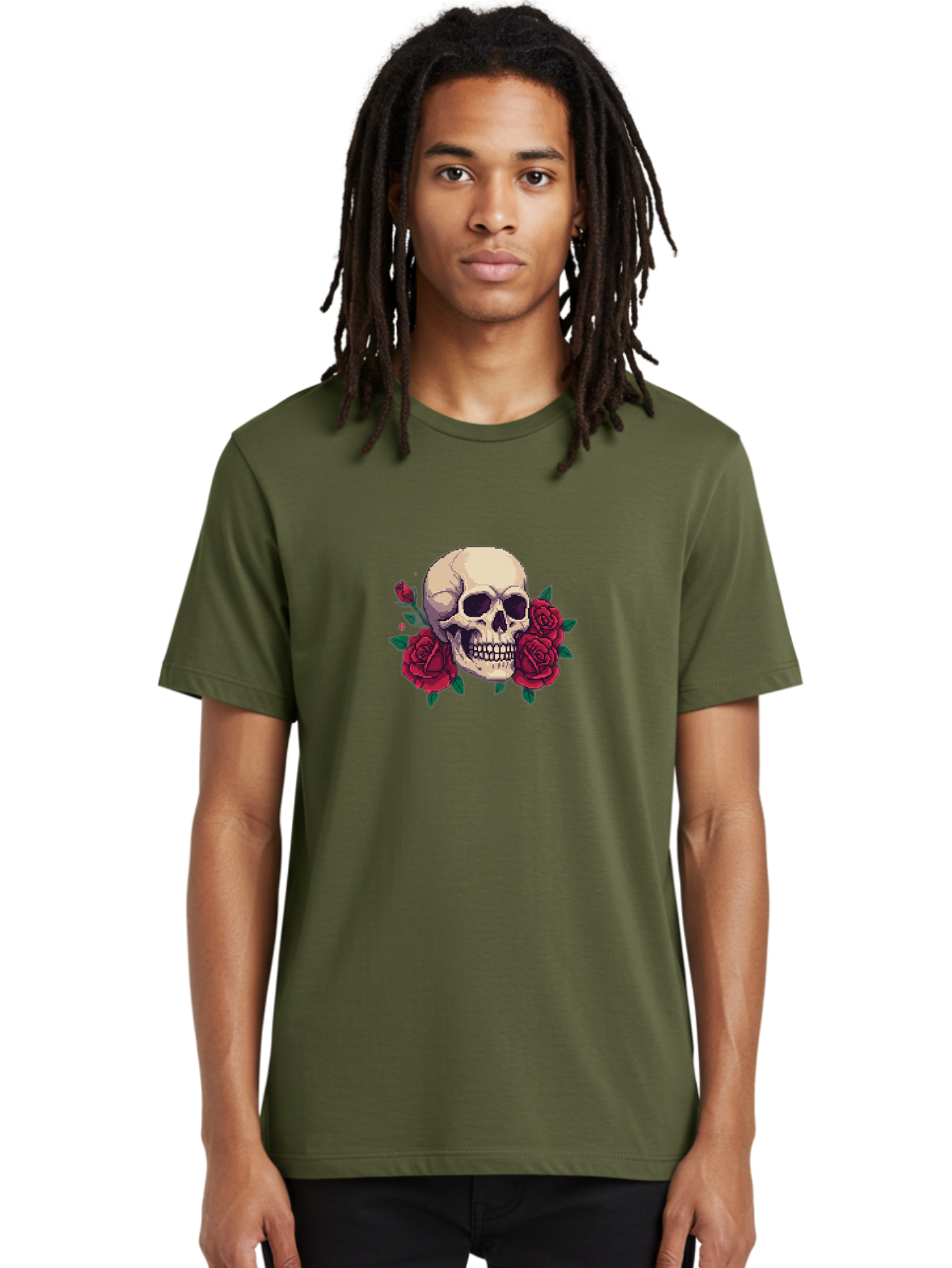 Skull-Pixel-Art Men'S Graphic Tee, 100% Cotton, Comfortable Casual Summer Wear, Machine Washable, Human Skull, Red Roses, Pixel Art, Gothic Style, Dark Beauty, Skull Decoration, Floral Skull, Goth Aesthetic, Pixelated Skull Bad604 20