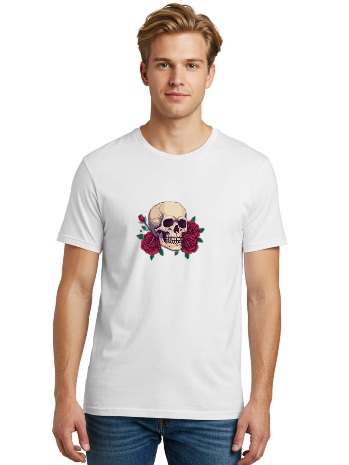 Skull-Pixel-Art Men'S Graphic Tee, 100% Cotton, Comfortable Casual Summer Wear, Machine Washable, Human Skull, Red Roses, Pixel Art, Gothic Style, Dark Beauty, Skull Decoration, Floral Skull, Goth Aesthetic, Pixelated Skull Bad604 24