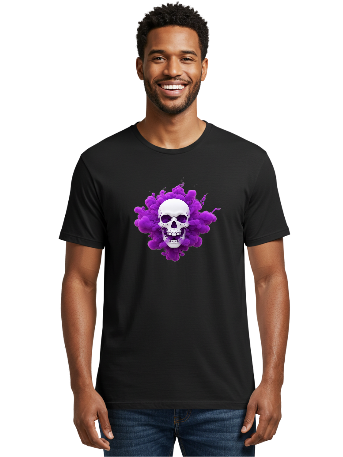 Skull-Purple-Smoke Men'S Graphic Tee, 100% Cotton, Comfortable Casual Summer Wear, Machine Washable, Human Skull, Purple Smoke, Dark Art, Gothic Style, Mysterious Atmosphere, Surreal Imagery, Edgy Design, Vibrant Purple Hue Bad605 18