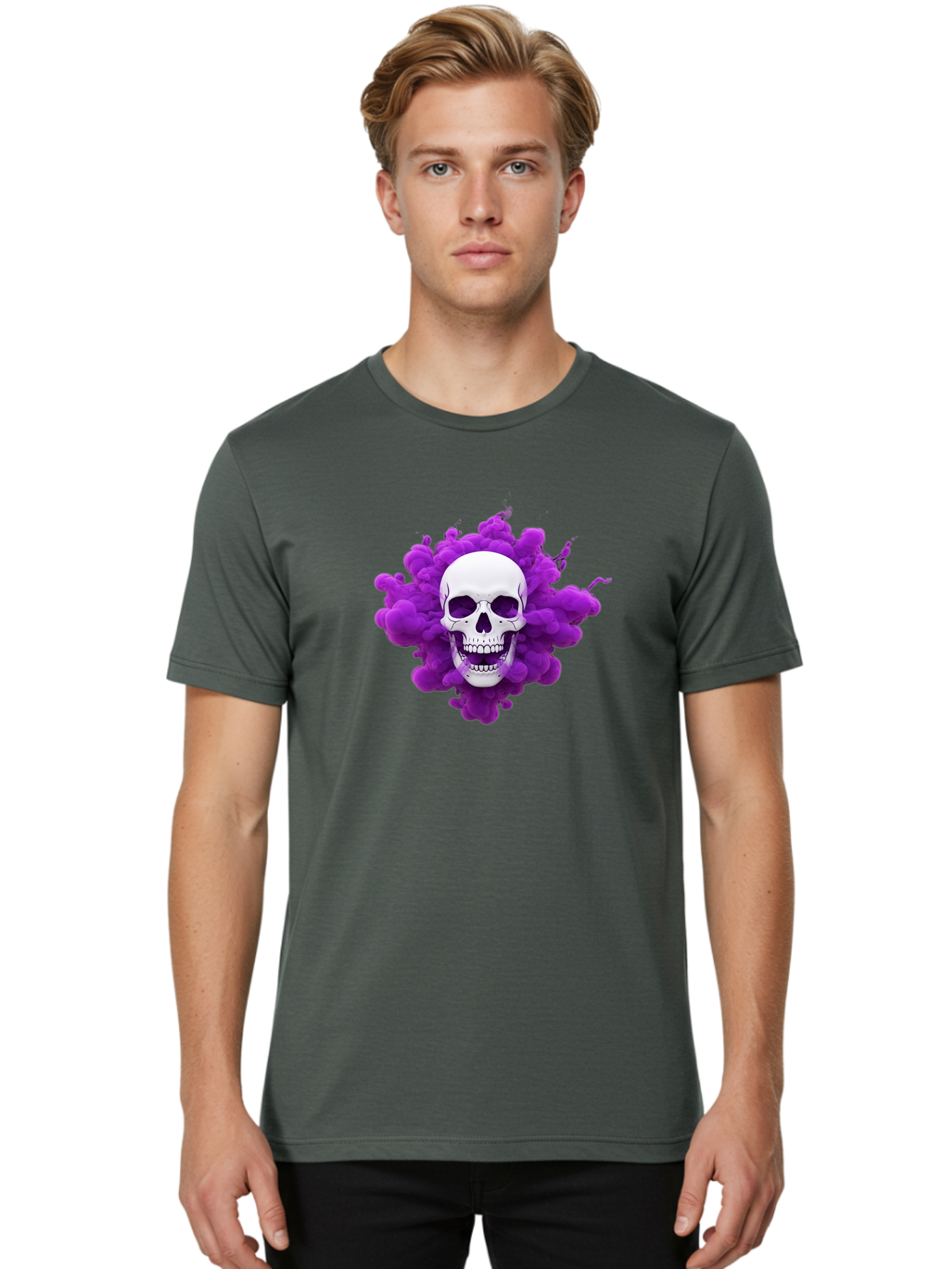 Skull-Purple-Smoke Men'S Graphic Tee, 100% Cotton, Comfortable Casual Summer Wear, Machine Washable, Human Skull, Purple Smoke, Dark Art, Gothic Style, Mysterious Atmosphere, Surreal Imagery, Edgy Design, Vibrant Purple Hue Bad605 23