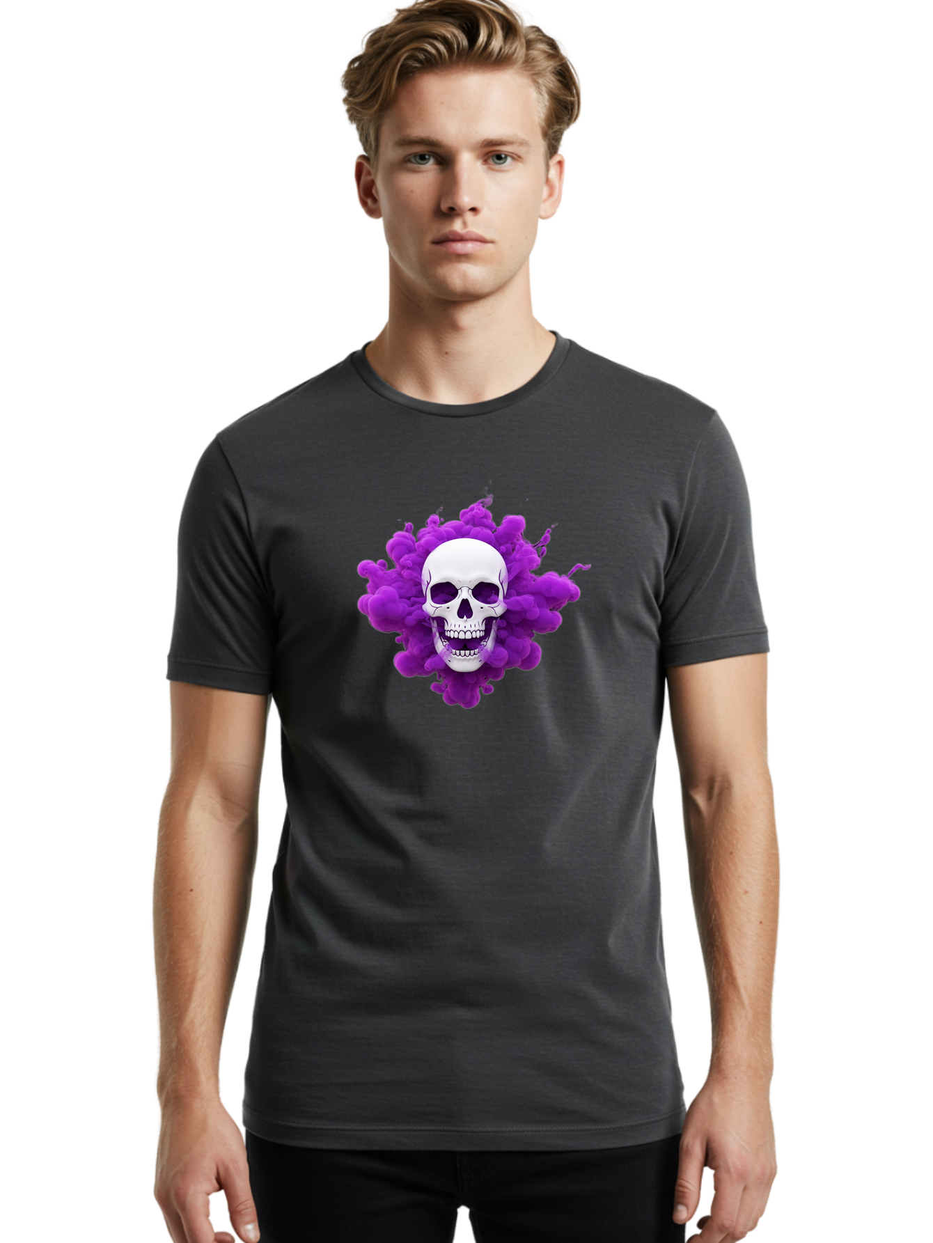 Skull-Purple-Smoke Men'S Graphic Tee, 100% Cotton, Comfortable Casual Summer Wear, Machine Washable, Human Skull, Purple Smoke, Dark Art, Gothic Style, Mysterious Atmosphere, Surreal Imagery, Edgy Design, Vibrant Purple Hue Bad605 26
