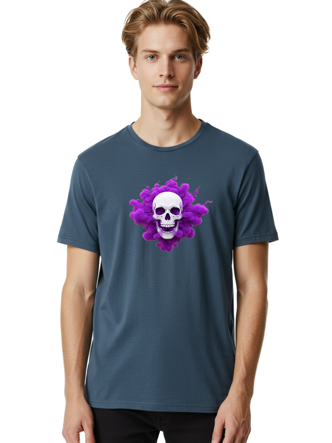 Skull-Purple-Smoke Men'S Graphic Tee, 100% Cotton, Comfortable Casual Summer Wear, Machine Washable, Human Skull, Purple Smoke, Dark Art, Gothic Style, Mysterious Atmosphere, Surreal Imagery, Edgy Design, Vibrant Purple Hue Bad605 29