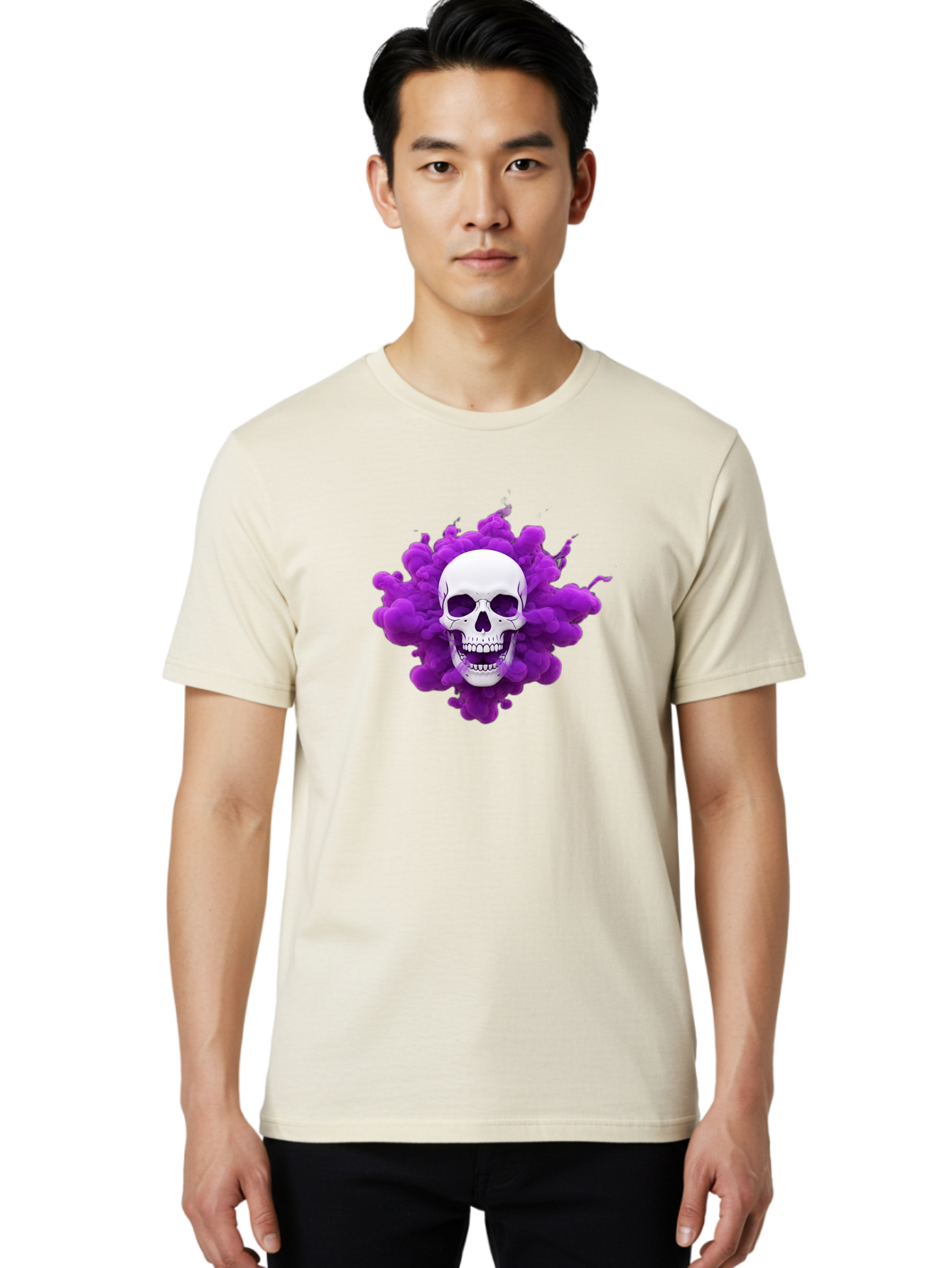 Skull-Purple-Smoke Men'S Graphic Tee, 100% Cotton, Comfortable Casual Summer Wear, Machine Washable, Human Skull, Purple Smoke, Dark Art, Gothic Style, Mysterious Atmosphere, Surreal Imagery, Edgy Design, Vibrant Purple Hue Bad605 21