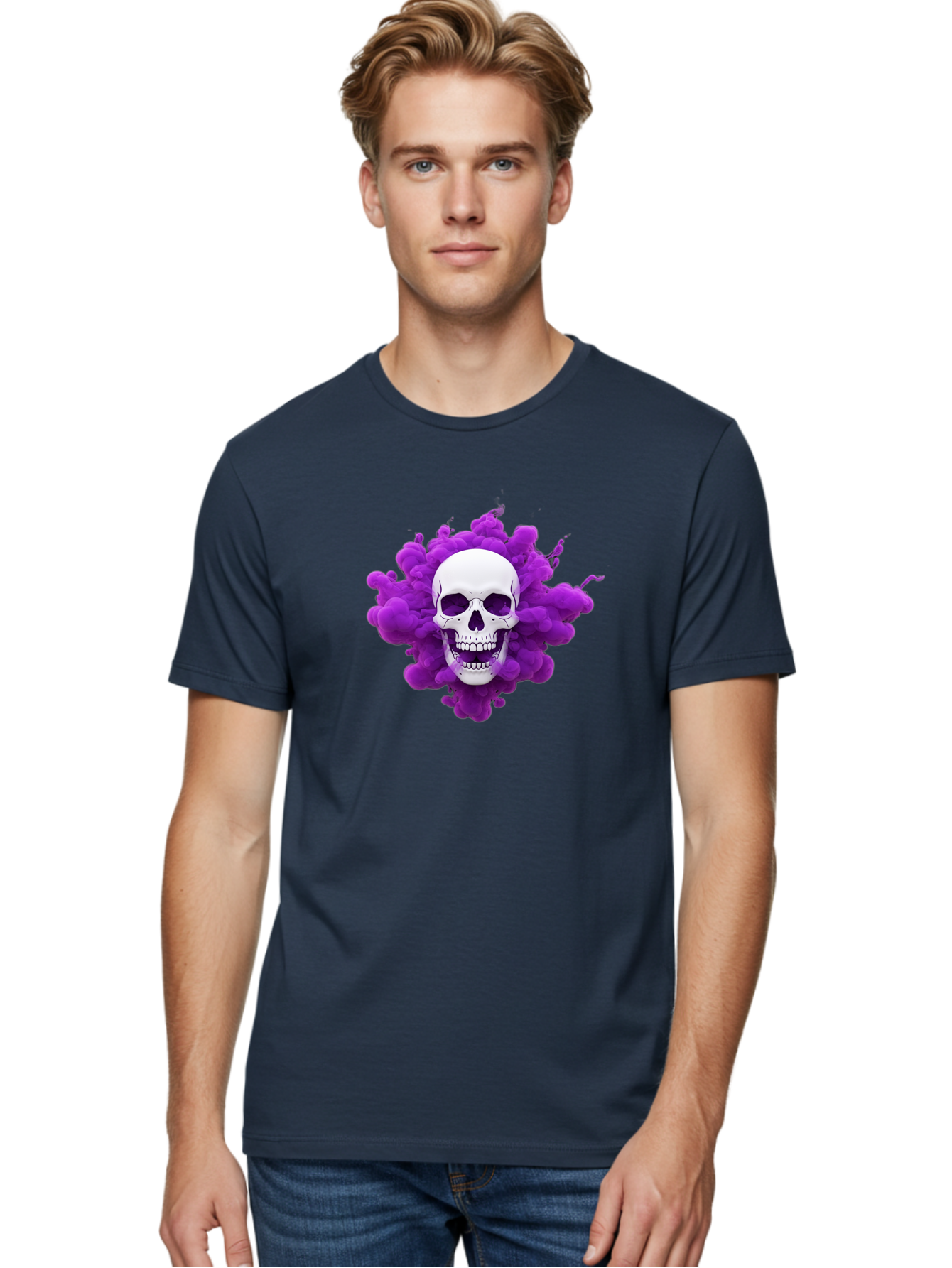 Skull-Purple-Smoke Men'S Graphic Tee, 100% Cotton, Comfortable Casual Summer Wear, Machine Washable, Human Skull, Purple Smoke, Dark Art, Gothic Style, Mysterious Atmosphere, Surreal Imagery, Edgy Design, Vibrant Purple Hue Bad605 24