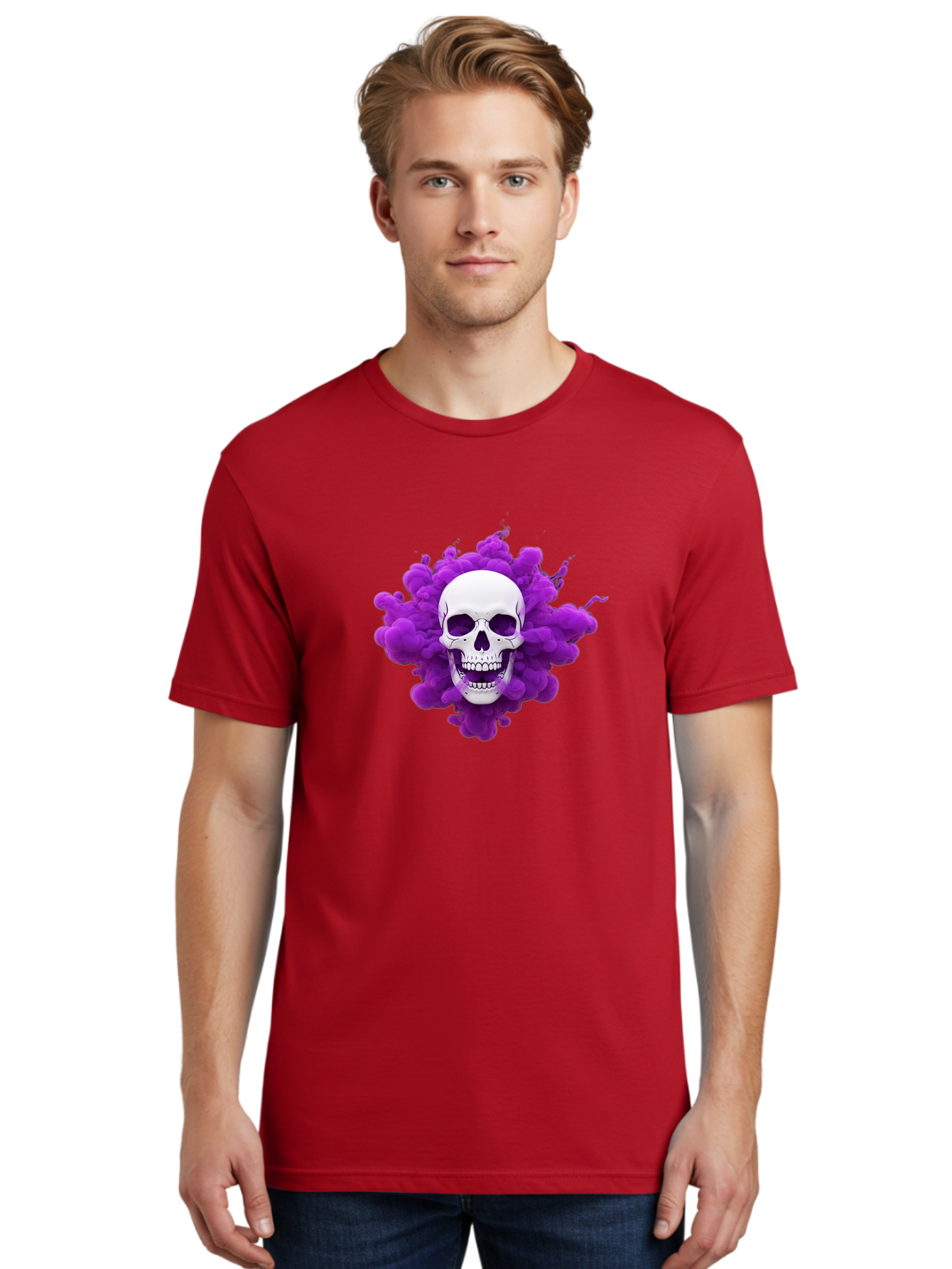 Skull-Purple-Smoke Men'S Graphic Tee, 100% Cotton, Comfortable Casual Summer Wear, Machine Washable, Human Skull, Purple Smoke, Dark Art, Gothic Style, Mysterious Atmosphere, Surreal Imagery, Edgy Design, Vibrant Purple Hue Bad605 16