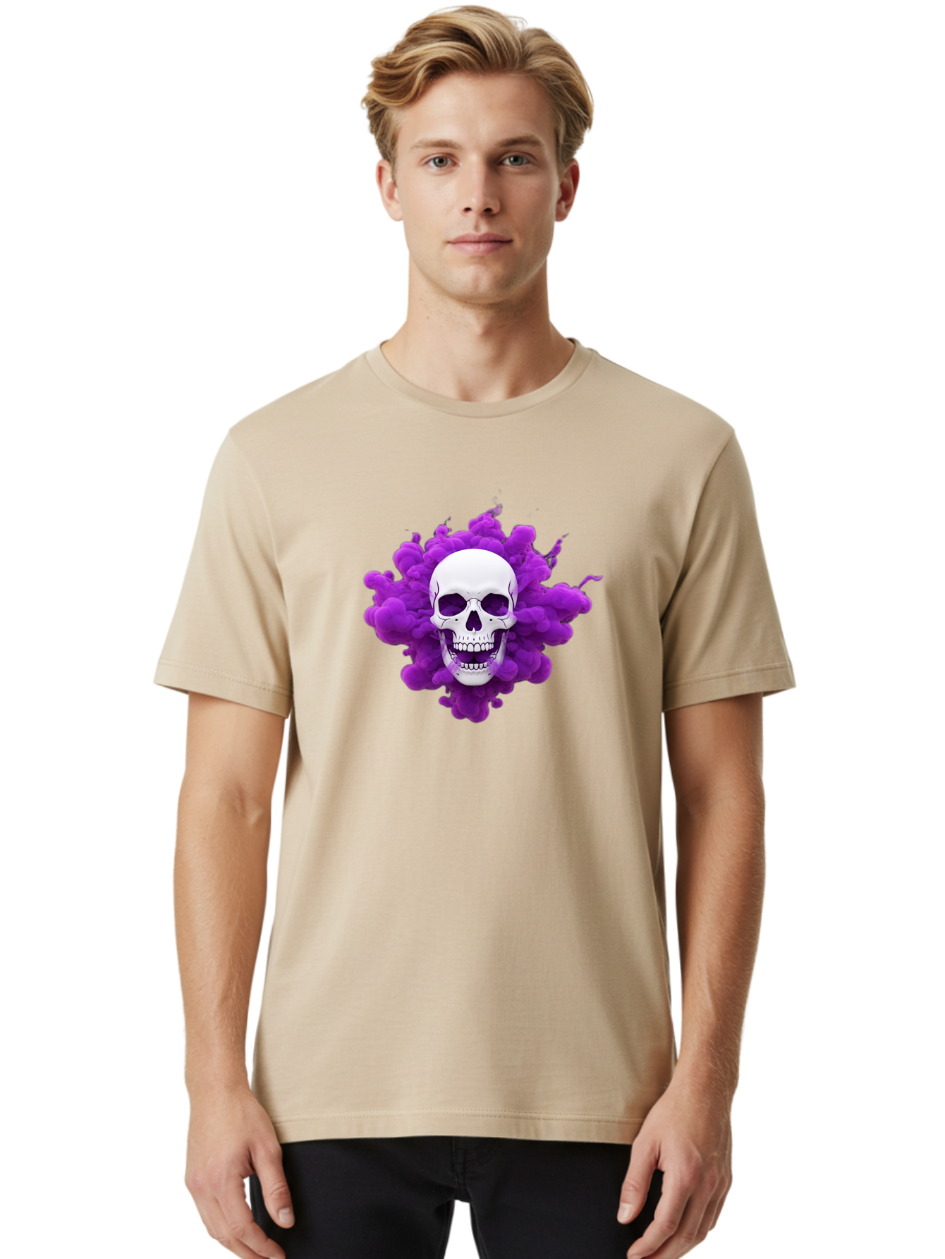 Skull-Purple-Smoke Men'S Graphic Tee, 100% Cotton, Comfortable Casual Summer Wear, Machine Washable, Human Skull, Purple Smoke, Dark Art, Gothic Style, Mysterious Atmosphere, Surreal Imagery, Edgy Design, Vibrant Purple Hue Bad605 28