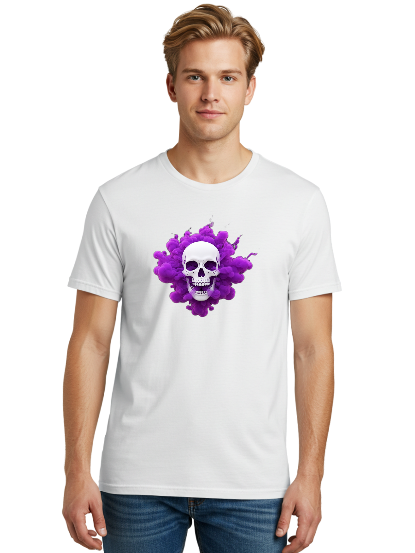 Skull-Purple-Smoke Men'S Graphic Tee, 100% Cotton, Comfortable Casual Summer Wear, Machine Washable, Human Skull, Purple Smoke, Dark Art, Gothic Style, Mysterious Atmosphere, Surreal Imagery, Edgy Design, Vibrant Purple Hue Bad605 20