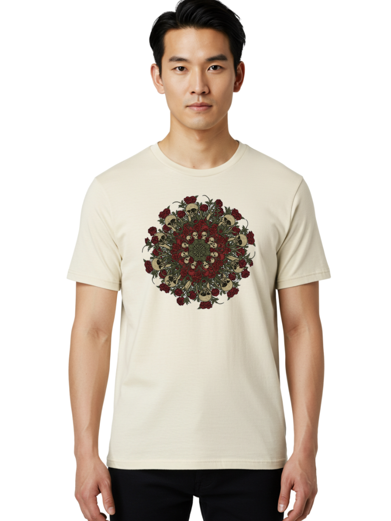 Skull-Rose-Mandala Men'S Graphic Tee, 100% Cotton, Comfortable Casual Summer Wear, Machine Washable, Skull Mandala, Dark Art, Floral Design, Red Roses, Skulls And Flowers, Intricate Patterns, Gothic Style, Mystical Symbols, Sacred Geometry, Bad606 23