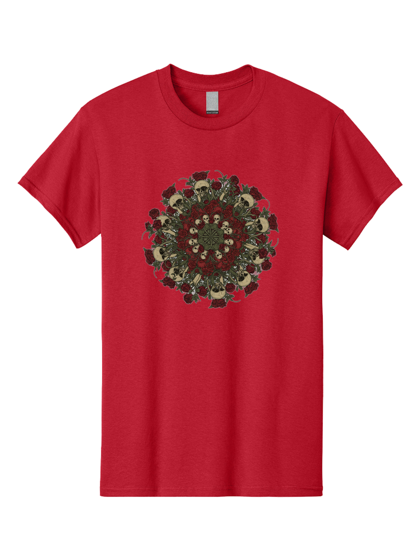 Skull-Rose-Mandala Men'S Graphic Tee, 100% Cotton, Comfortable Casual Summer Wear, Machine Washable, Skull Mandala, Dark Art, Floral Design, Red Roses, Skulls And Flowers, Intricate Patterns, Gothic Style, Mystical Symbols, Sacred Geometry, Bad606 11