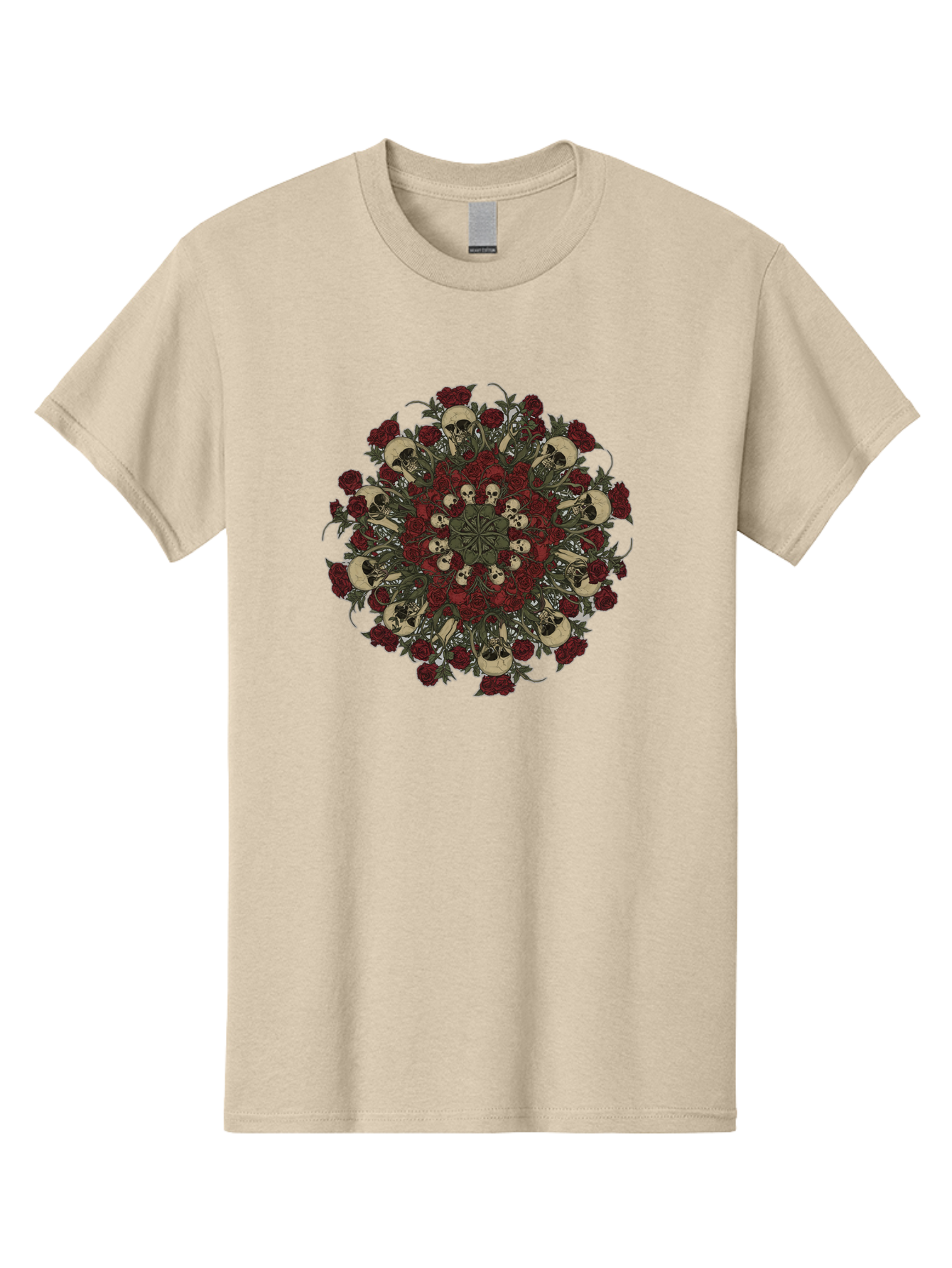 Skull-Rose-Mandala Men'S Graphic Tee, 100% Cotton, Comfortable Casual Summer Wear, Machine Washable, Skull Mandala, Dark Art, Floral Design, Red Roses, Skulls And Flowers, Intricate Patterns, Gothic Style, Mystical Symbols, Sacred Geometry, Bad606 1