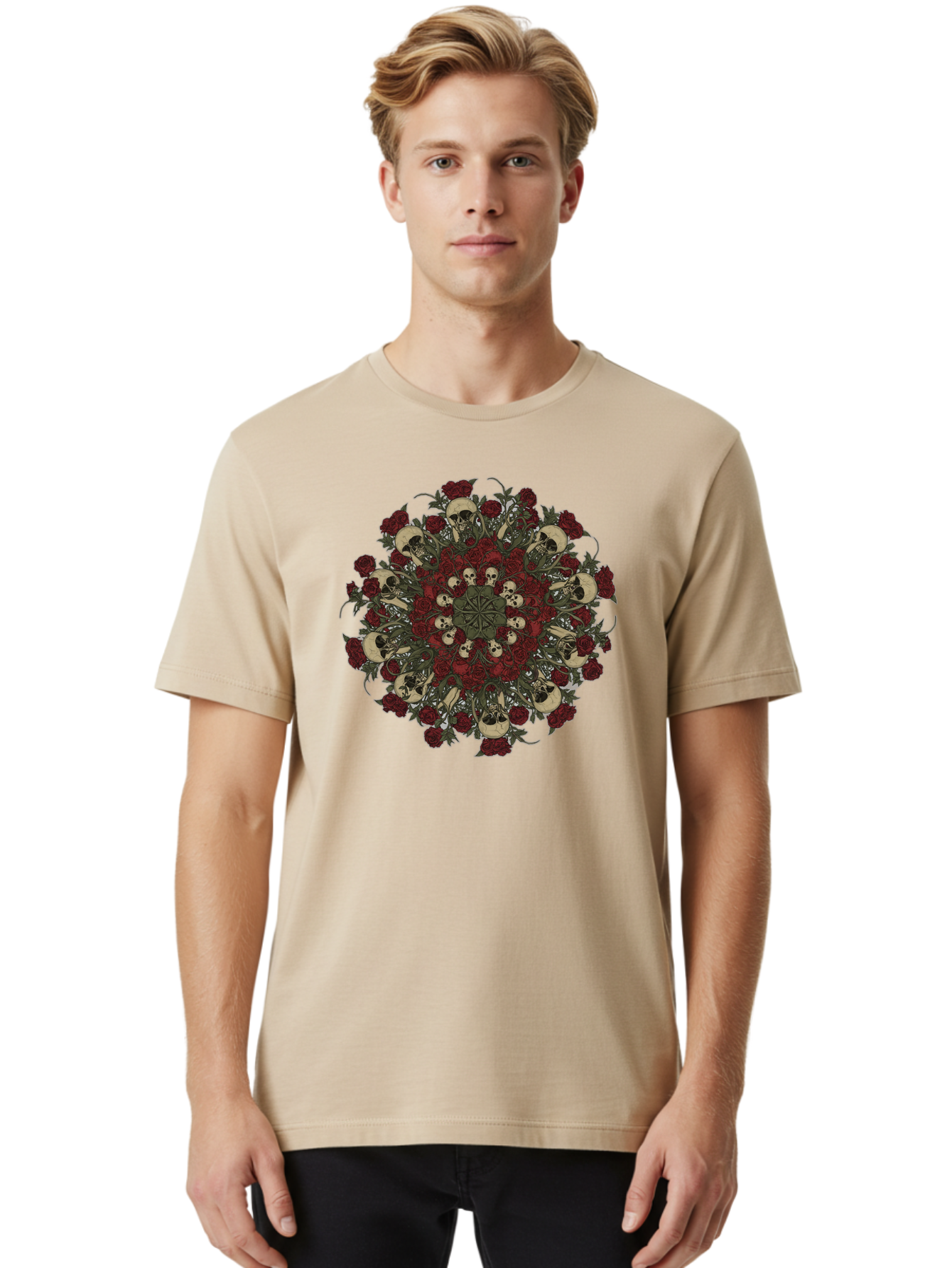 Skull-Rose-Mandala Men'S Graphic Tee, 100% Cotton, Comfortable Casual Summer Wear, Machine Washable, Skull Mandala, Dark Art, Floral Design, Red Roses, Skulls And Flowers, Intricate Patterns, Gothic Style, Mystical Symbols, Sacred Geometry, Bad606 16