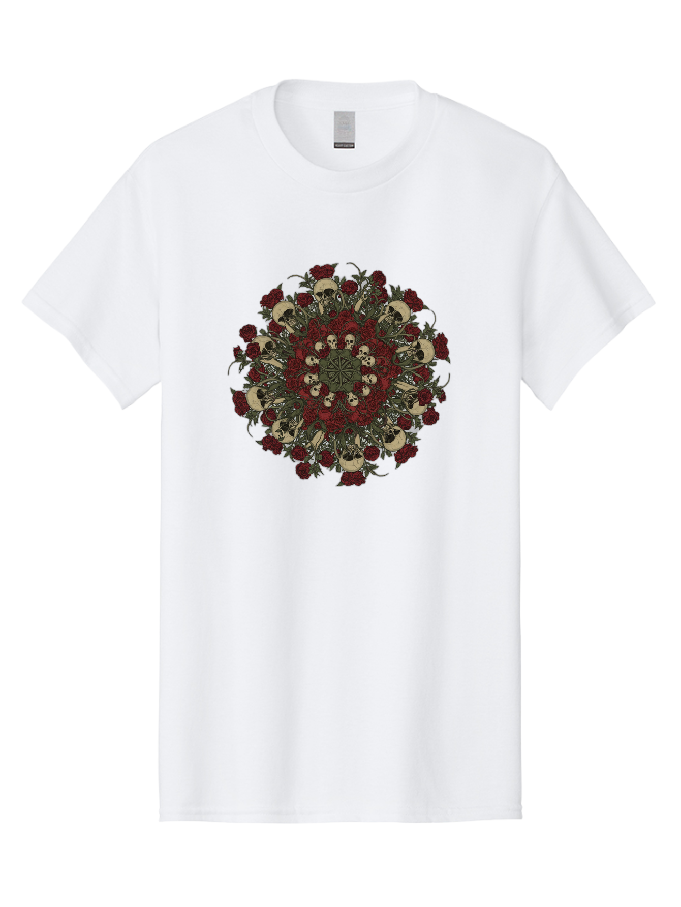Skull-Rose-Mandala Men'S Graphic Tee, 100% Cotton, Comfortable Casual Summer Wear, Machine Washable, Skull Mandala, Dark Art, Floral Design, Red Roses, Skulls And Flowers, Intricate Patterns, Gothic Style, Mystical Symbols, Sacred Geometry, Bad606 10