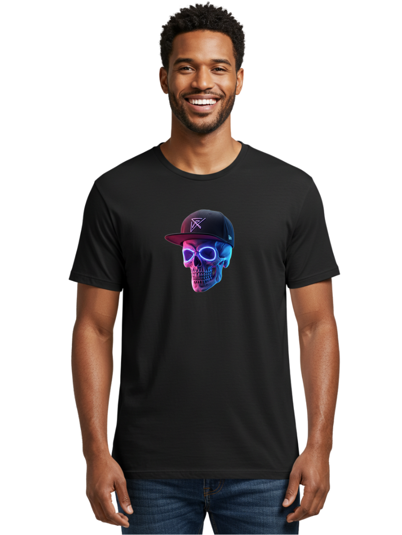 Skull-With-Baseball-Cap Men'S Graphic Tee, 100% Cotton, Comfortable Casual Summer Wear, Machine Washable, Glowing Skull, Neon Eyes, Zx Hat Logo, Futuristic Design, Edgy Style, Bold Graphics, Streetwear Fashion, Skull Art Bad607 20