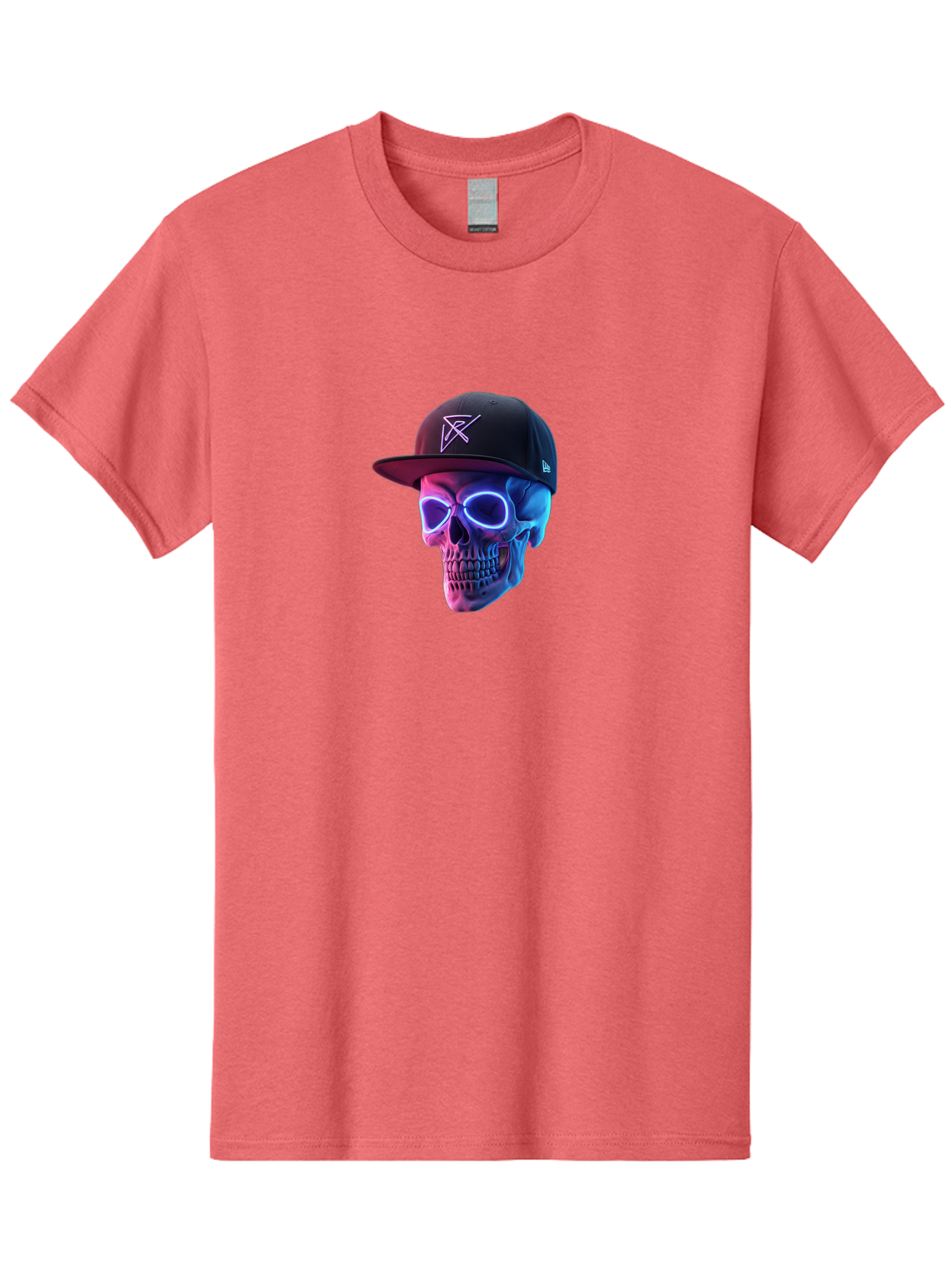 Skull-With-Baseball-Cap Men'S Graphic Tee, 100% Cotton, Comfortable Casual Summer Wear, Machine Washable, Glowing Skull, Neon Eyes, Zx Hat Logo, Futuristic Design, Edgy Style, Bold Graphics, Streetwear Fashion, Skull Art Bad607 7