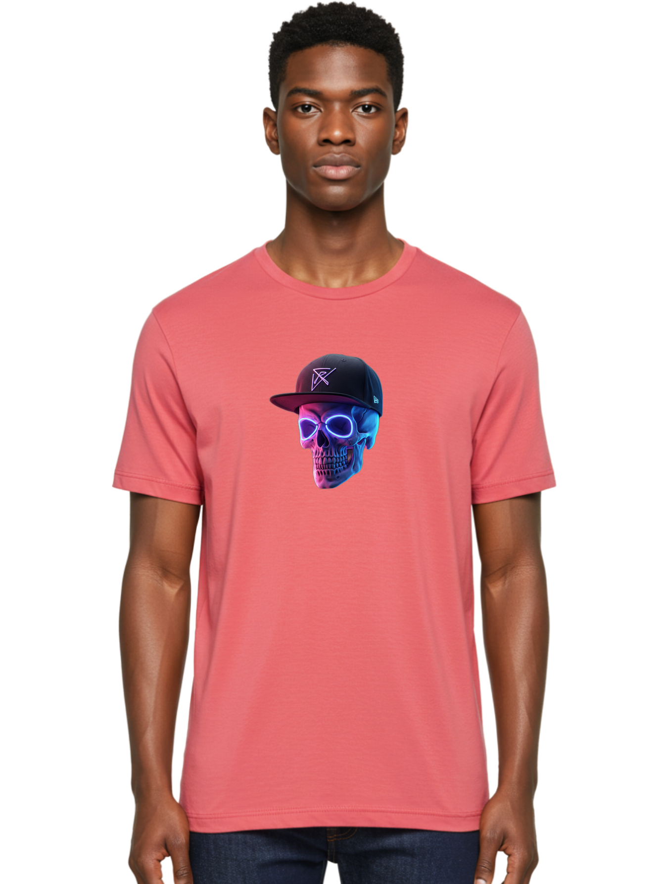 Skull-With-Baseball-Cap Men'S Graphic Tee, 100% Cotton, Comfortable Casual Summer Wear, Machine Washable, Glowing Skull, Neon Eyes, Zx Hat Logo, Futuristic Design, Edgy Style, Bold Graphics, Streetwear Fashion, Skull Art Bad607 22