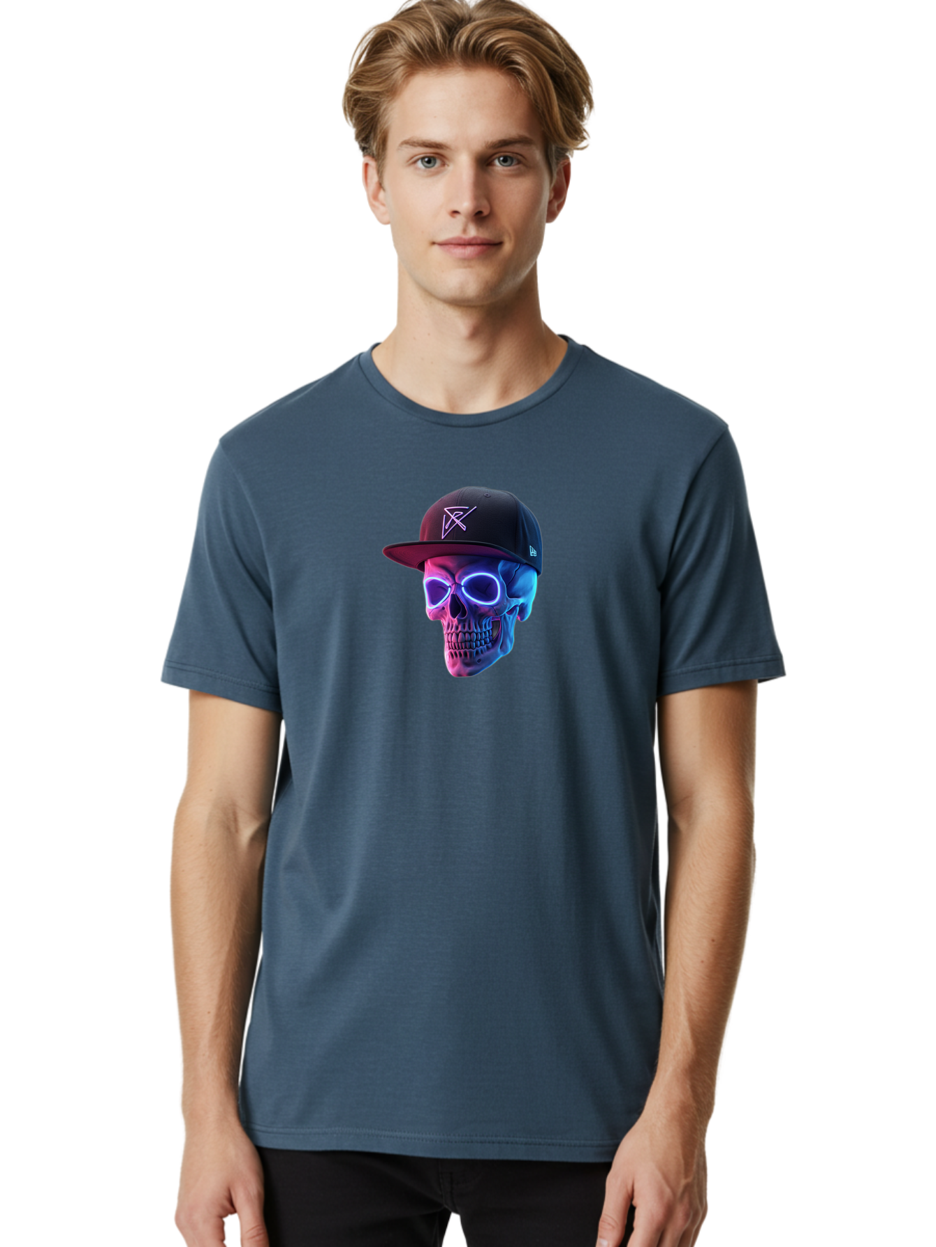 Skull-With-Baseball-Cap Men'S Graphic Tee, 100% Cotton, Comfortable Casual Summer Wear, Machine Washable, Glowing Skull, Neon Eyes, Zx Hat Logo, Futuristic Design, Edgy Style, Bold Graphics, Streetwear Fashion, Skull Art Bad607 21