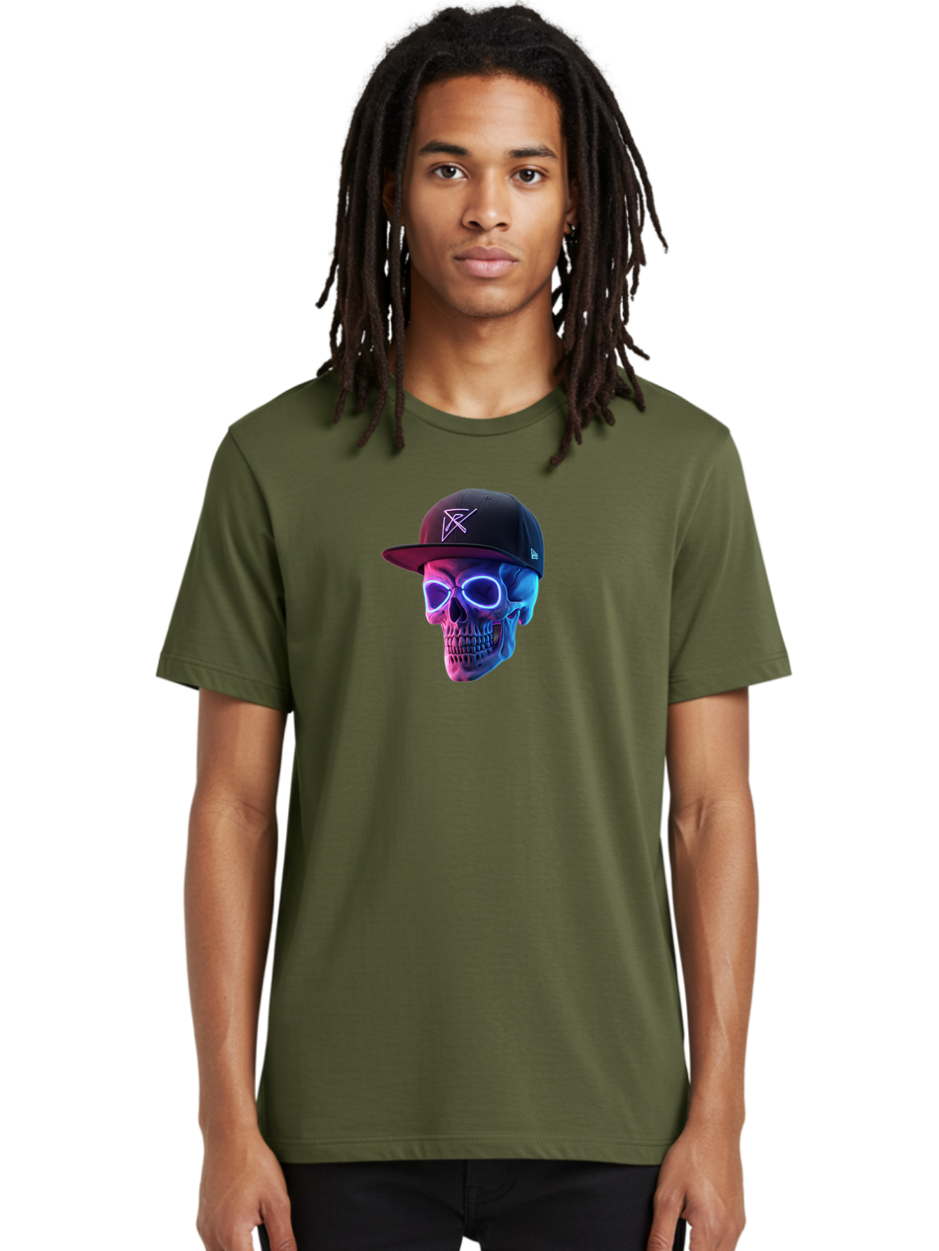 Skull-With-Baseball-Cap Men'S Graphic Tee, 100% Cotton, Comfortable Casual Summer Wear, Machine Washable, Glowing Skull, Neon Eyes, Zx Hat Logo, Futuristic Design, Edgy Style, Bold Graphics, Streetwear Fashion, Skull Art Bad607 25