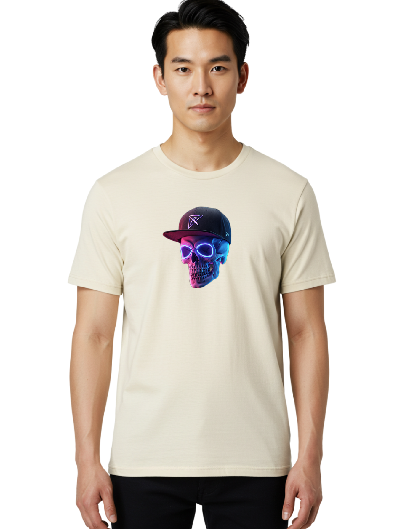 Skull-With-Baseball-Cap Men'S Graphic Tee, 100% Cotton, Comfortable Casual Summer Wear, Machine Washable, Glowing Skull, Neon Eyes, Zx Hat Logo, Futuristic Design, Edgy Style, Bold Graphics, Streetwear Fashion, Skull Art Bad607 16