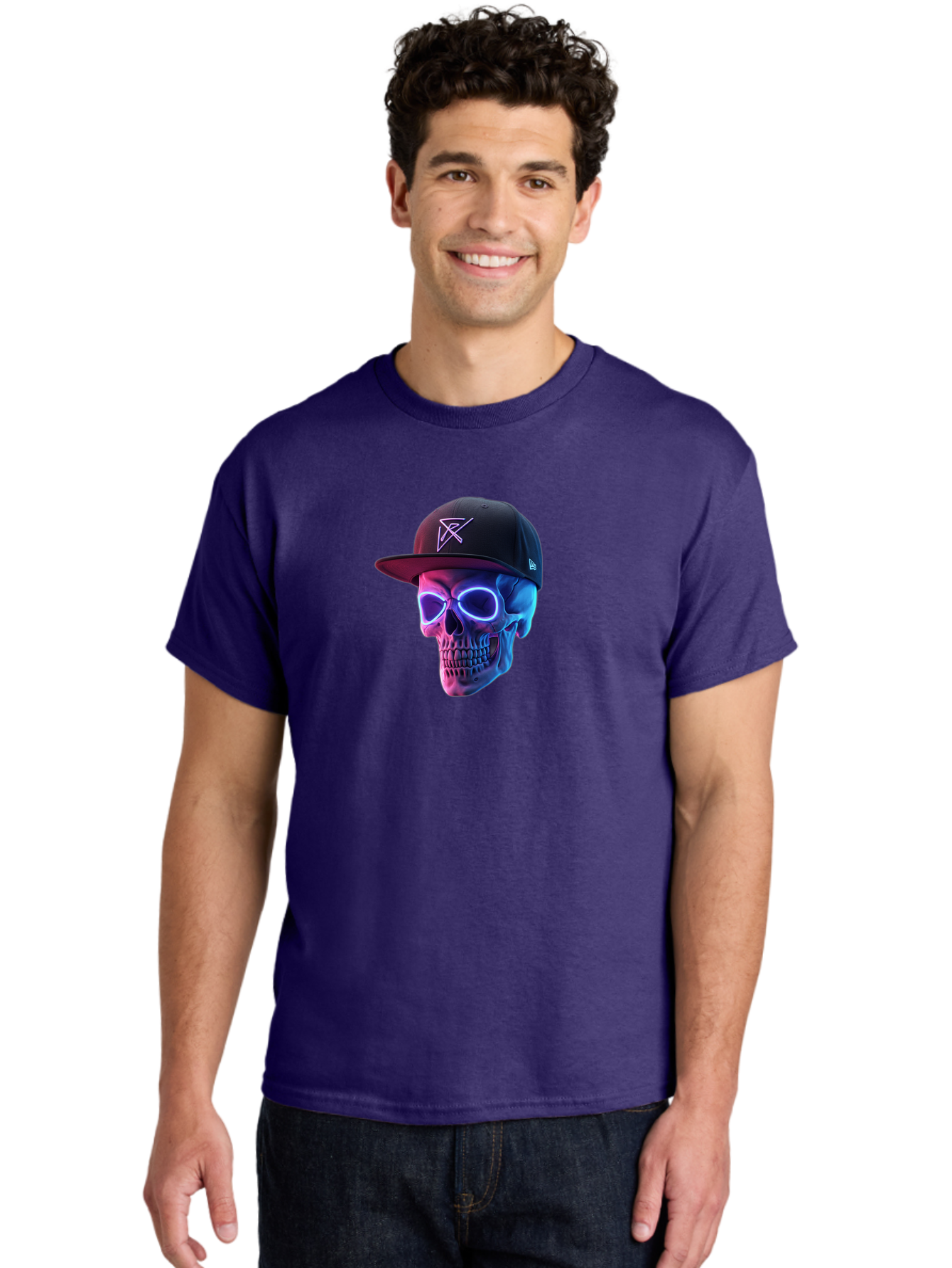 Skull-With-Baseball-Cap Men'S Graphic Tee, 100% Cotton, Comfortable Casual Summer Wear, Machine Washable, Glowing Skull, Neon Eyes, Zx Hat Logo, Futuristic Design, Edgy Style, Bold Graphics, Streetwear Fashion, Skull Art Bad607 27
