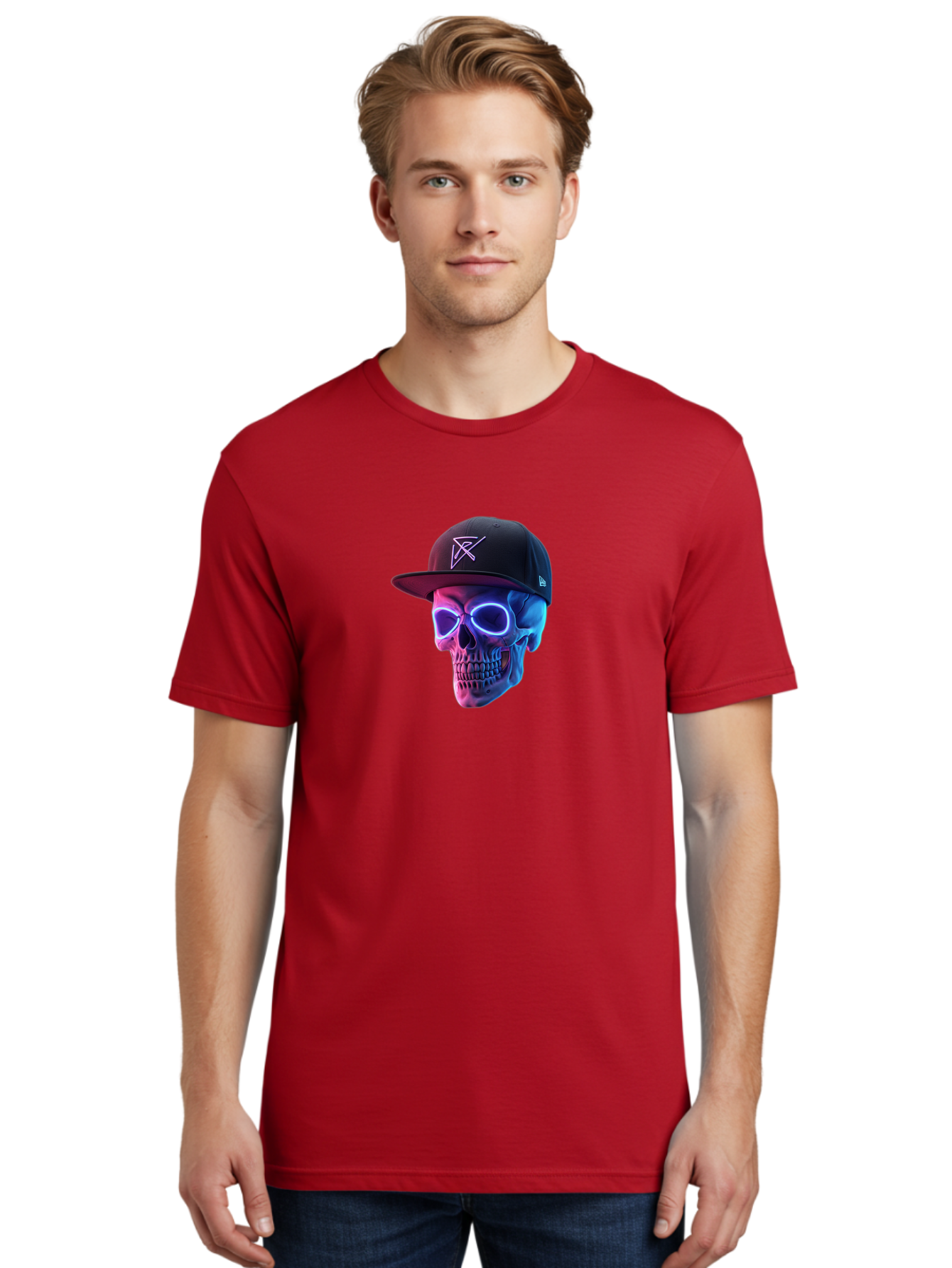 Skull-With-Baseball-Cap Men'S Graphic Tee, 100% Cotton, Comfortable Casual Summer Wear, Machine Washable, Glowing Skull, Neon Eyes, Zx Hat Logo, Futuristic Design, Edgy Style, Bold Graphics, Streetwear Fashion, Skull Art Bad607 29