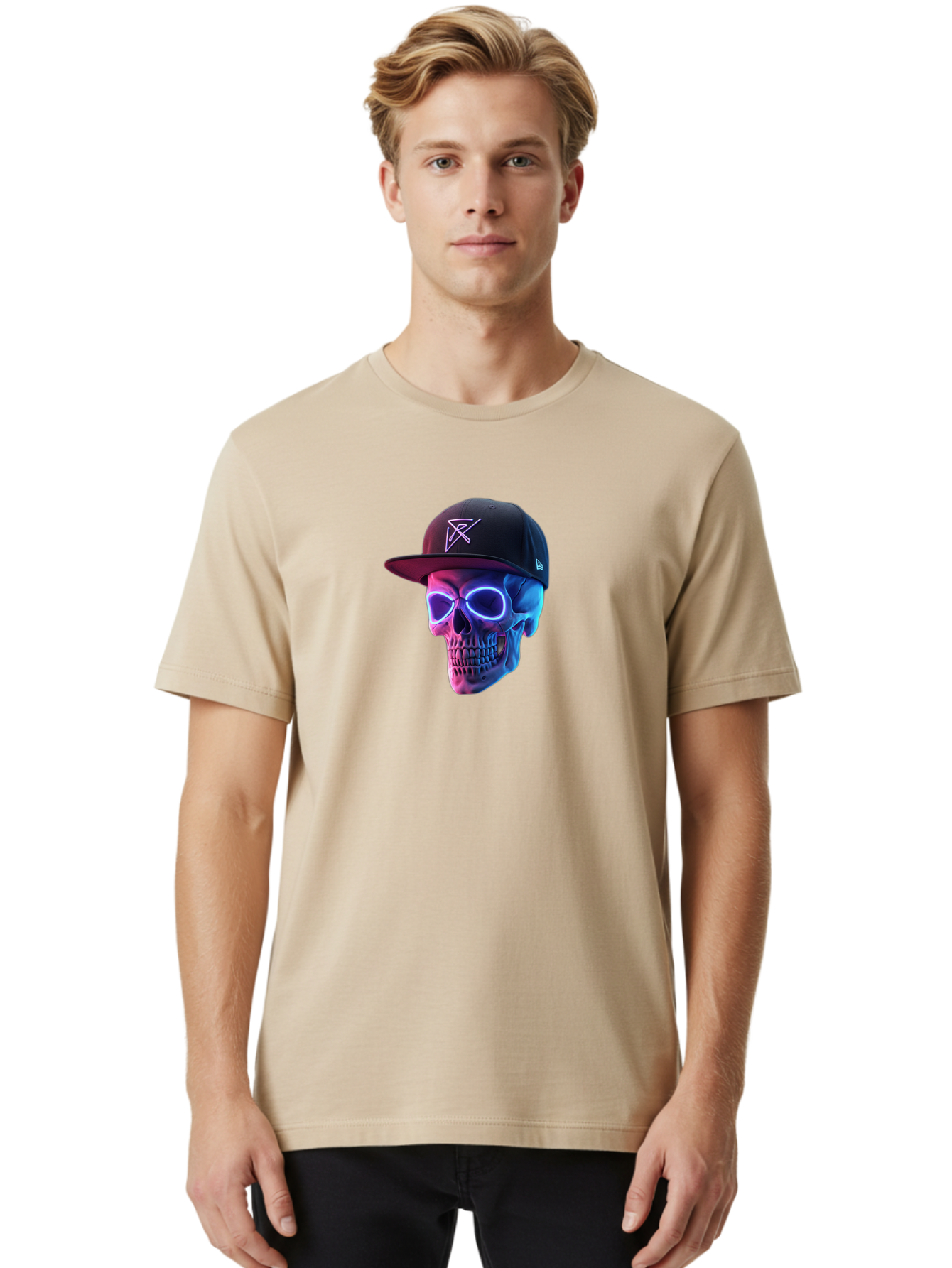 Skull-With-Baseball-Cap Men'S Graphic Tee, 100% Cotton, Comfortable Casual Summer Wear, Machine Washable, Glowing Skull, Neon Eyes, Zx Hat Logo, Futuristic Design, Edgy Style, Bold Graphics, Streetwear Fashion, Skull Art Bad607 19