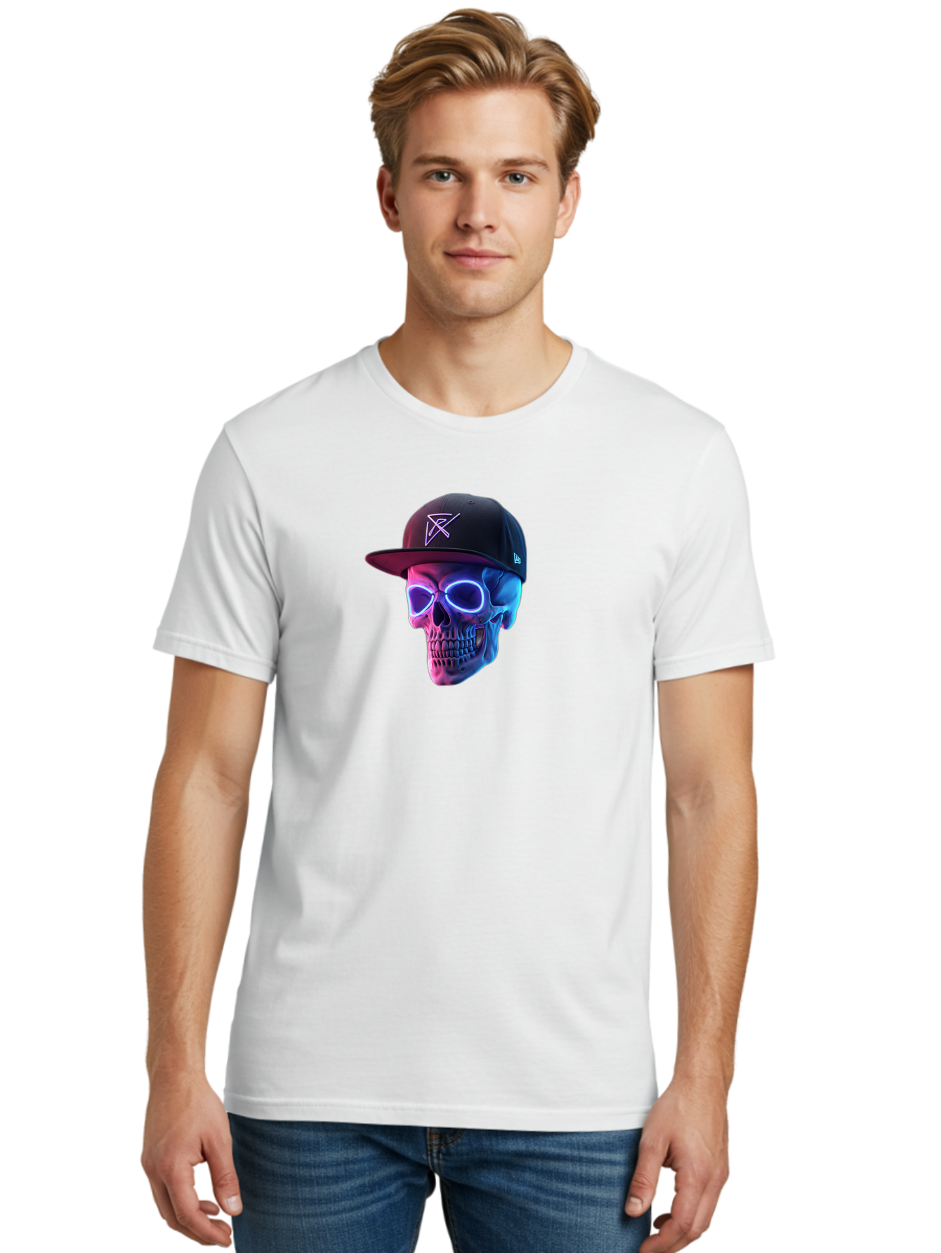 Skull-With-Baseball-Cap Men'S Graphic Tee, 100% Cotton, Comfortable Casual Summer Wear, Machine Washable, Glowing Skull, Neon Eyes, Zx Hat Logo, Futuristic Design, Edgy Style, Bold Graphics, Streetwear Fashion, Skull Art Bad607 24