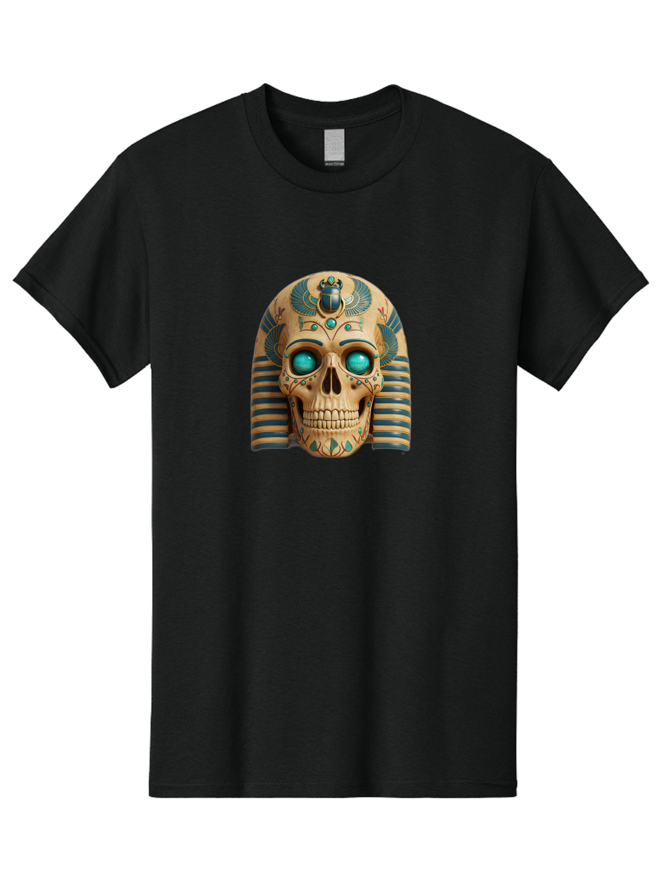 Skull-With-Egyptian-Headdress Men'S Graphic Tee, 100% Cotton, Comfortable Casual Summer Wear, Machine Washable, Ancient Egyptian Skull, Pharaoh'S Mask, Turquoise Gemstones, Blue Stripes, Scarab Beetle, Mystical Symbols, Intricate Designs, Bad608 13