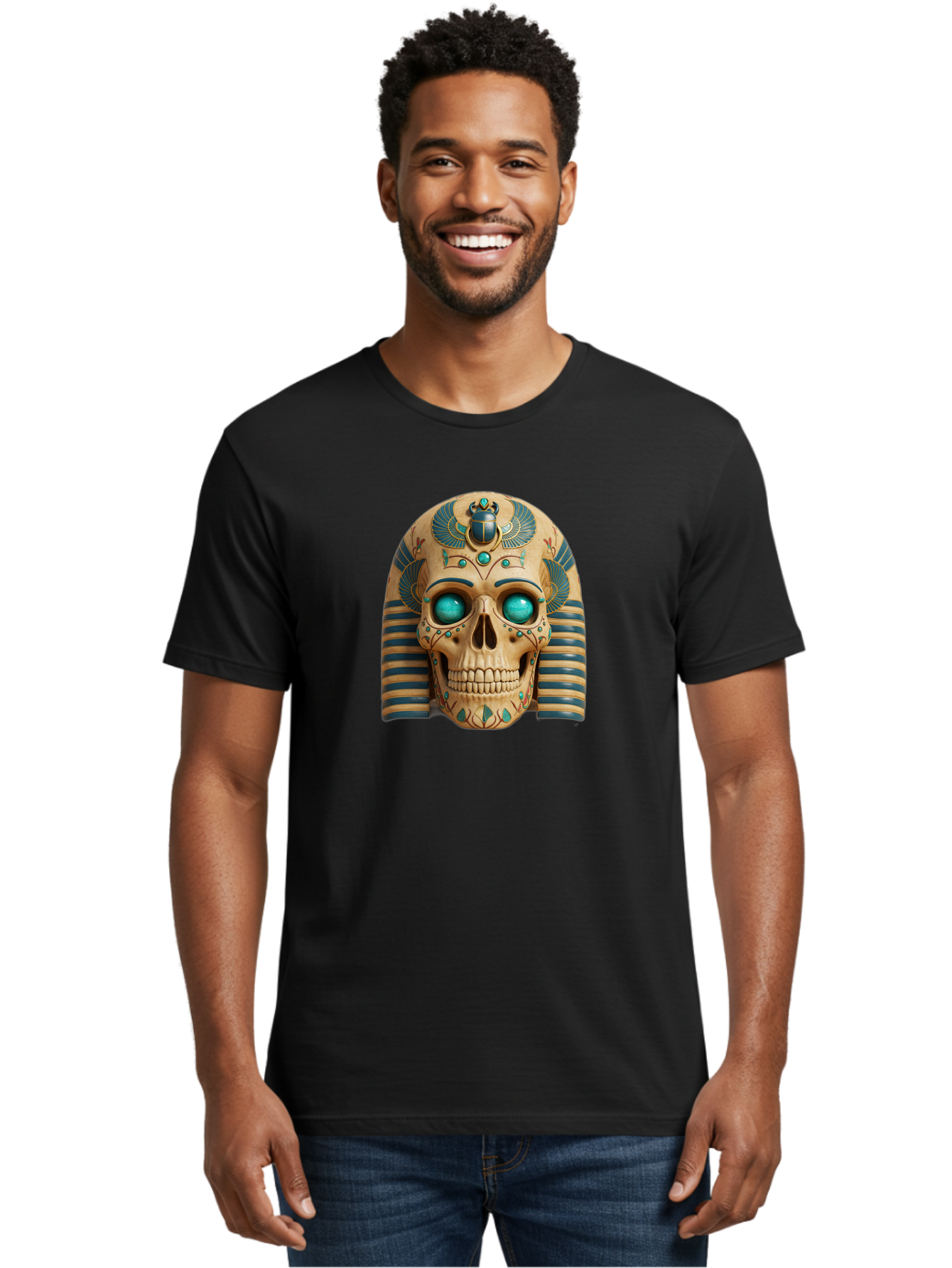 Skull-With-Egyptian-Headdress Men'S Graphic Tee, 100% Cotton, Comfortable Casual Summer Wear, Machine Washable, Ancient Egyptian Skull, Pharaoh'S Mask, Turquoise Gemstones, Blue Stripes, Scarab Beetle, Mystical Symbols, Intricate Designs, Bad608 28