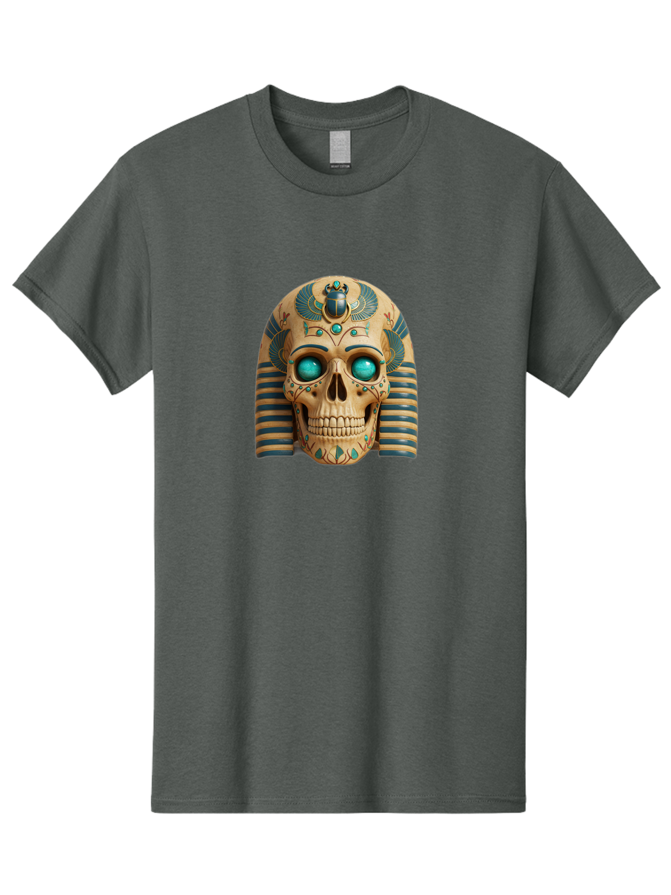 Skull-With-Egyptian-Headdress Men'S Graphic Tee, 100% Cotton, Comfortable Casual Summer Wear, Machine Washable, Ancient Egyptian Skull, Pharaoh'S Mask, Turquoise Gemstones, Blue Stripes, Scarab Beetle, Mystical Symbols, Intricate Designs, Bad608 5