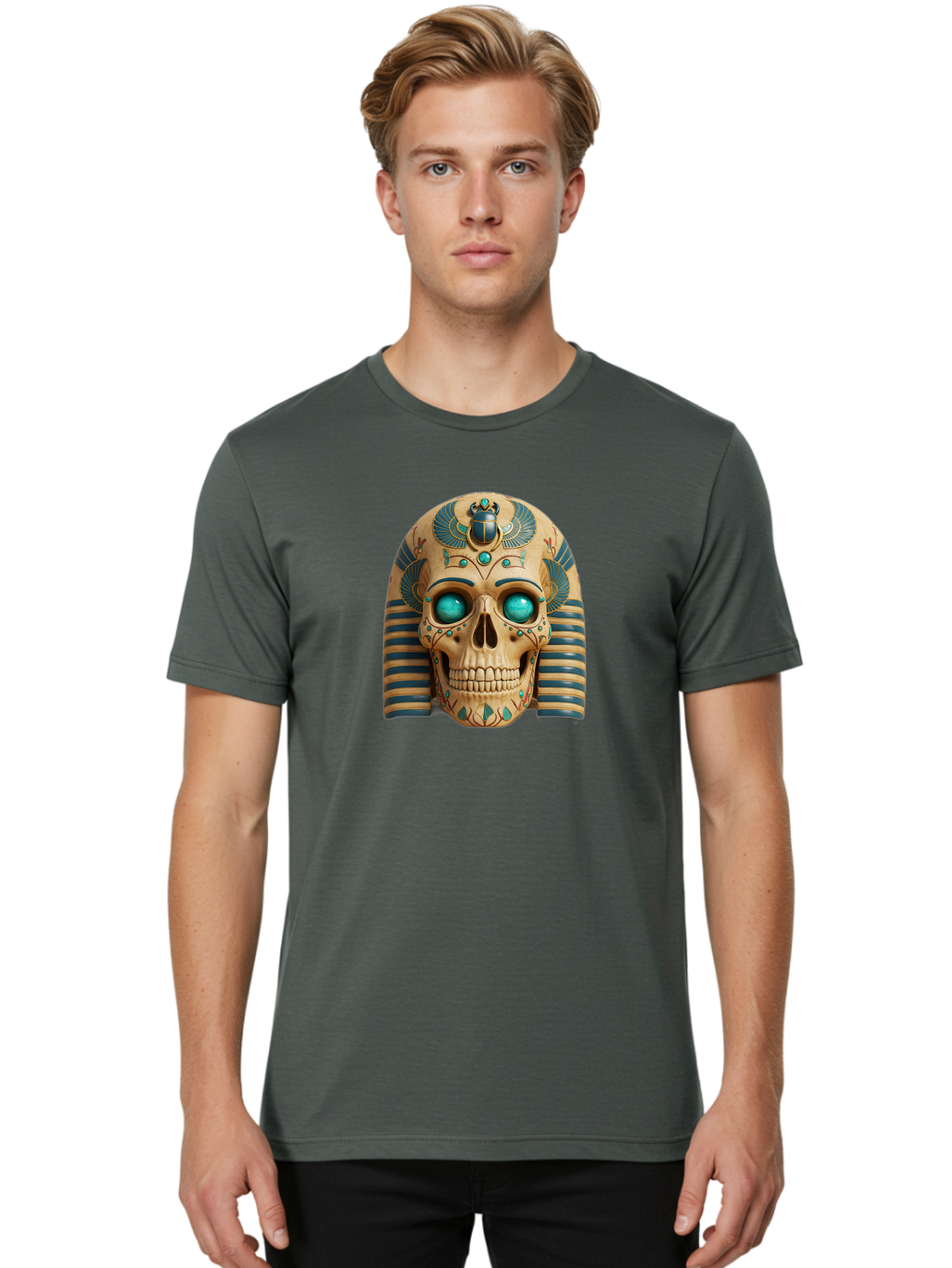 Skull-With-Egyptian-Headdress Men'S Graphic Tee, 100% Cotton, Comfortable Casual Summer Wear, Machine Washable, Ancient Egyptian Skull, Pharaoh'S Mask, Turquoise Gemstones, Blue Stripes, Scarab Beetle, Mystical Symbols, Intricate Designs, Bad608 20
