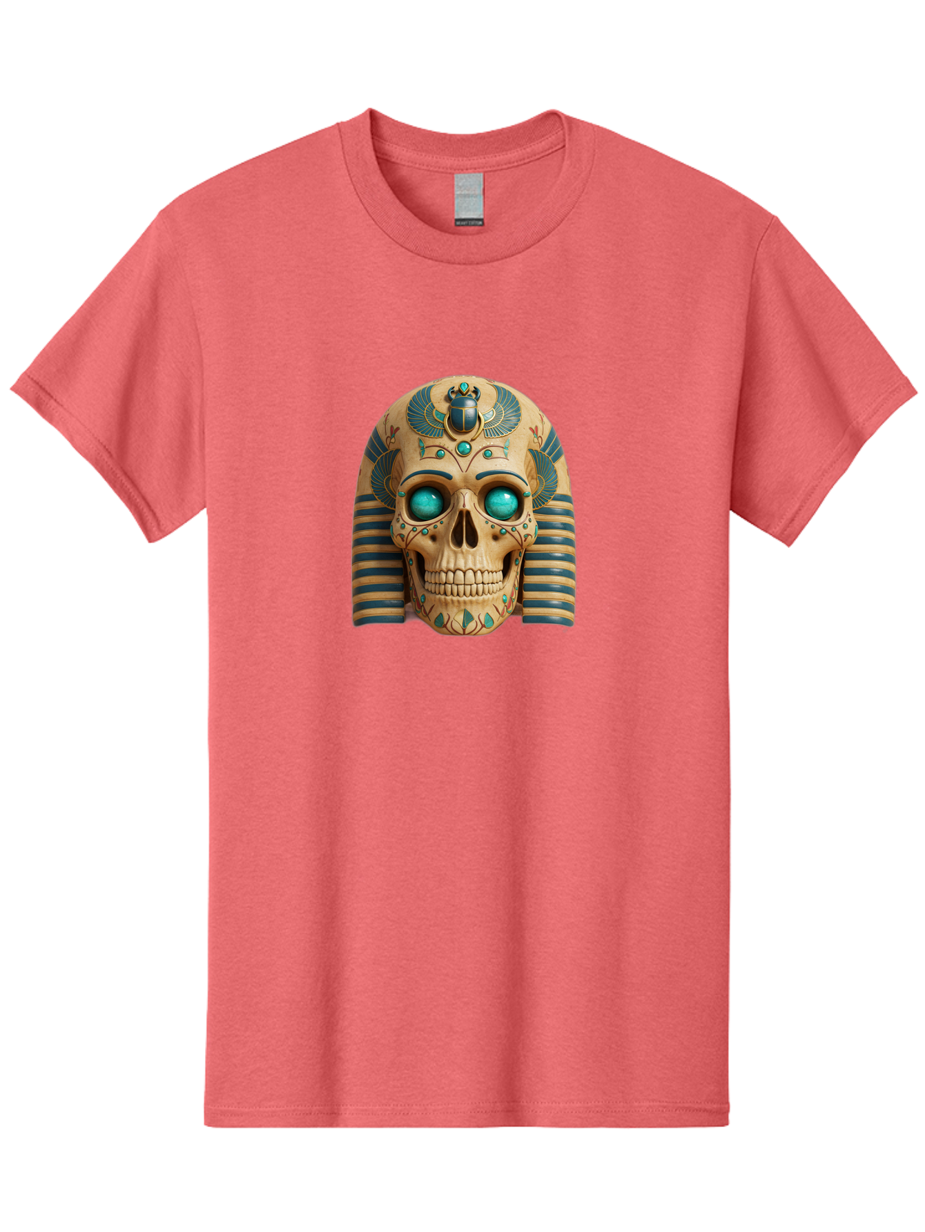 Skull-With-Egyptian-Headdress Men'S Graphic Tee, 100% Cotton, Comfortable Casual Summer Wear, Machine Washable, Ancient Egyptian Skull, Pharaoh'S Mask, Turquoise Gemstones, Blue Stripes, Scarab Beetle, Mystical Symbols, Intricate Designs, Bad608 15