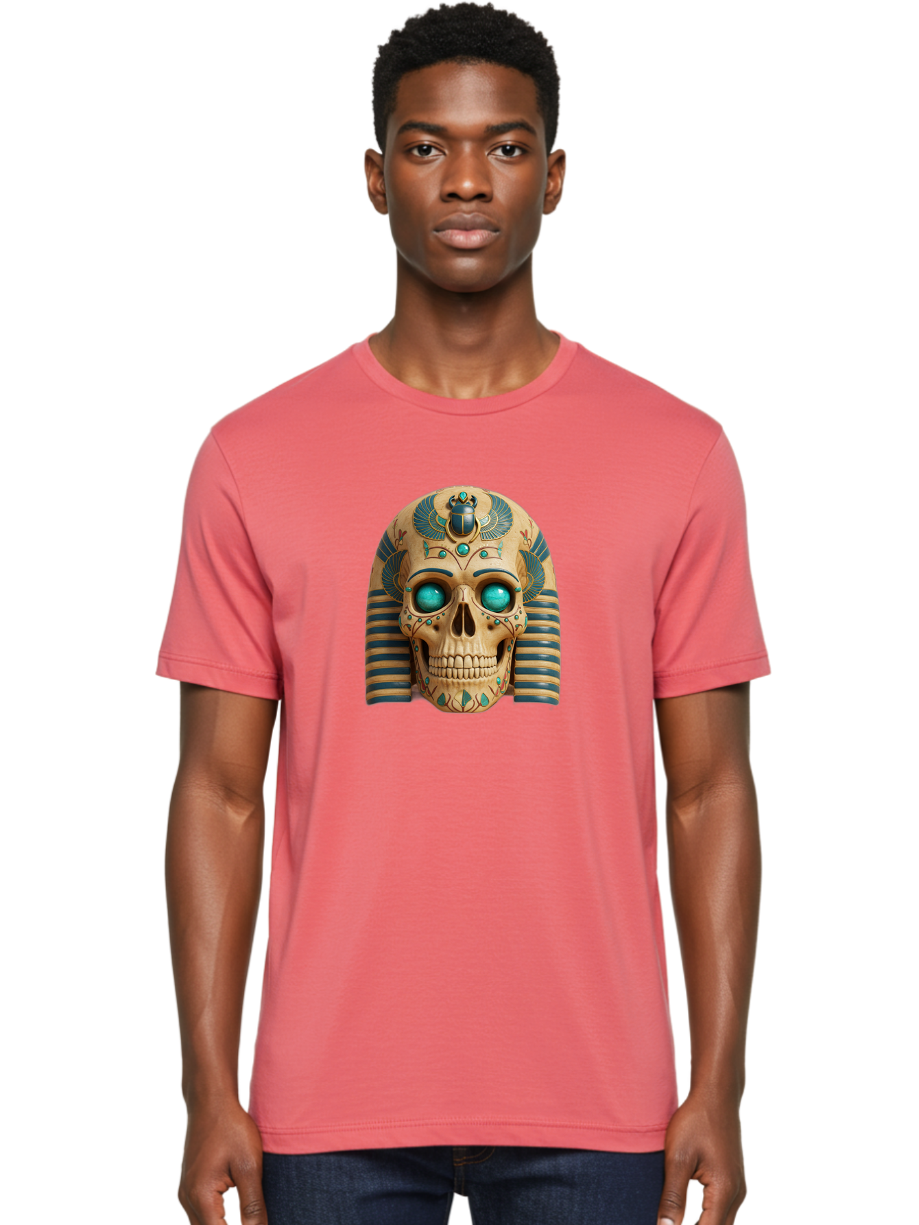 Skull-With-Egyptian-Headdress Men'S Graphic Tee, 100% Cotton, Comfortable Casual Summer Wear, Machine Washable, Ancient Egyptian Skull, Pharaoh'S Mask, Turquoise Gemstones, Blue Stripes, Scarab Beetle, Mystical Symbols, Intricate Designs, Bad608 30