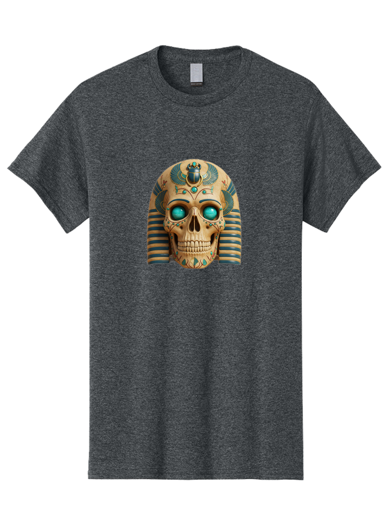 Skull-With-Egyptian-Headdress Men'S Graphic Tee, 100% Cotton, Comfortable Casual Summer Wear, Machine Washable, Ancient Egyptian Skull, Pharaoh'S Mask, Turquoise Gemstones, Blue Stripes, Scarab Beetle, Mystical Symbols, Intricate Designs, Bad608 12