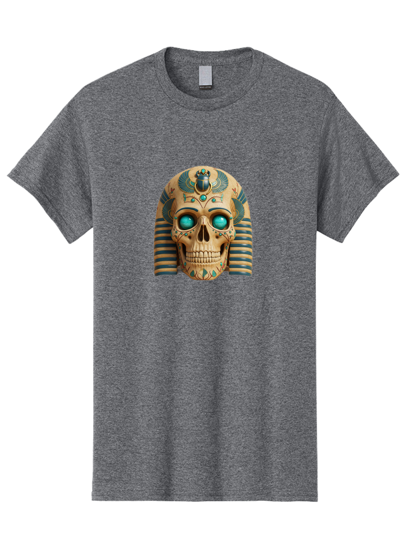 Skull-With-Egyptian-Headdress Men'S Graphic Tee, 100% Cotton, Comfortable Casual Summer Wear, Machine Washable, Ancient Egyptian Skull, Pharaoh'S Mask, Turquoise Gemstones, Blue Stripes, Scarab Beetle, Mystical Symbols, Intricate Designs, Bad608 14