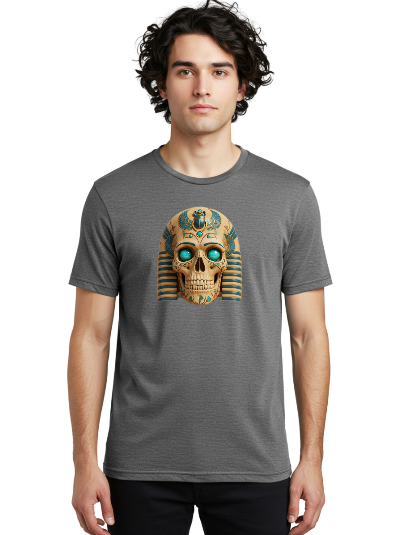 Skull-With-Egyptian-Headdress Men'S Graphic Tee, 100% Cotton, Comfortable Casual Summer Wear, Machine Washable, Ancient Egyptian Skull, Pharaoh'S Mask, Turquoise Gemstones, Blue Stripes, Scarab Beetle, Mystical Symbols, Intricate Designs, Bad608 29