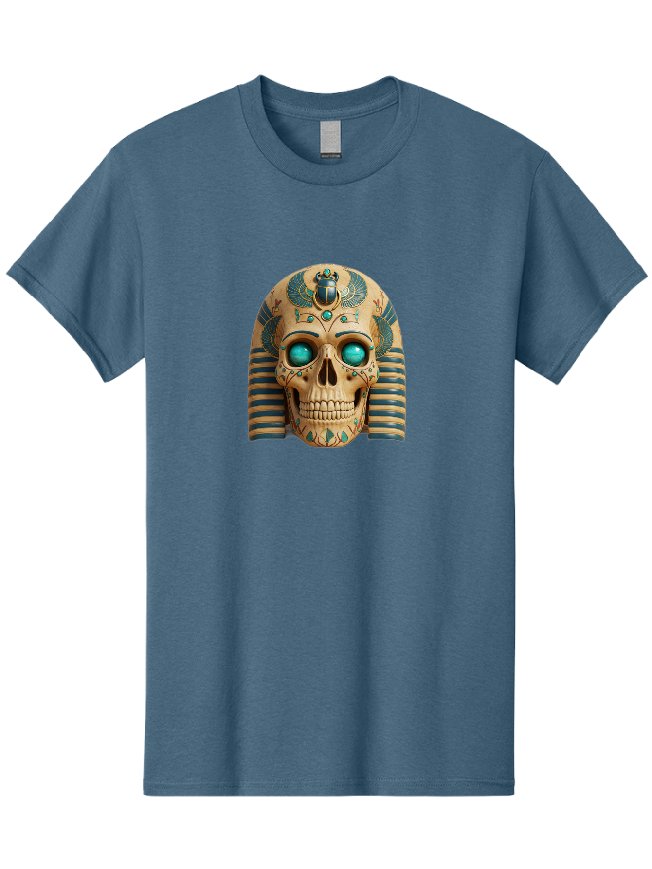 Skull-With-Egyptian-Headdress Men'S Graphic Tee, 100% Cotton, Comfortable Casual Summer Wear, Machine Washable, Ancient Egyptian Skull, Pharaoh'S Mask, Turquoise Gemstones, Blue Stripes, Scarab Beetle, Mystical Symbols, Intricate Designs, Bad608 8