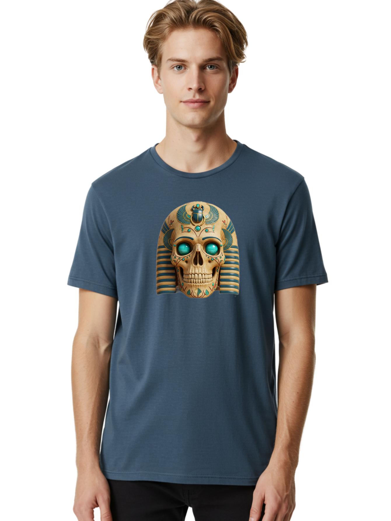 Skull-With-Egyptian-Headdress Men'S Graphic Tee, 100% Cotton, Comfortable Casual Summer Wear, Machine Washable, Ancient Egyptian Skull, Pharaoh'S Mask, Turquoise Gemstones, Blue Stripes, Scarab Beetle, Mystical Symbols, Intricate Designs, Bad608 23