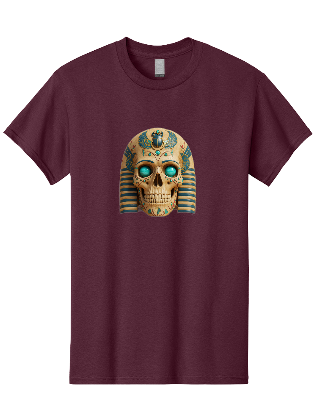 Skull-With-Egyptian-Headdress Men'S Graphic Tee, 100% Cotton, Comfortable Casual Summer Wear, Machine Washable, Ancient Egyptian Skull, Pharaoh'S Mask, Turquoise Gemstones, Blue Stripes, Scarab Beetle, Mystical Symbols, Intricate Designs, Bad608 6
