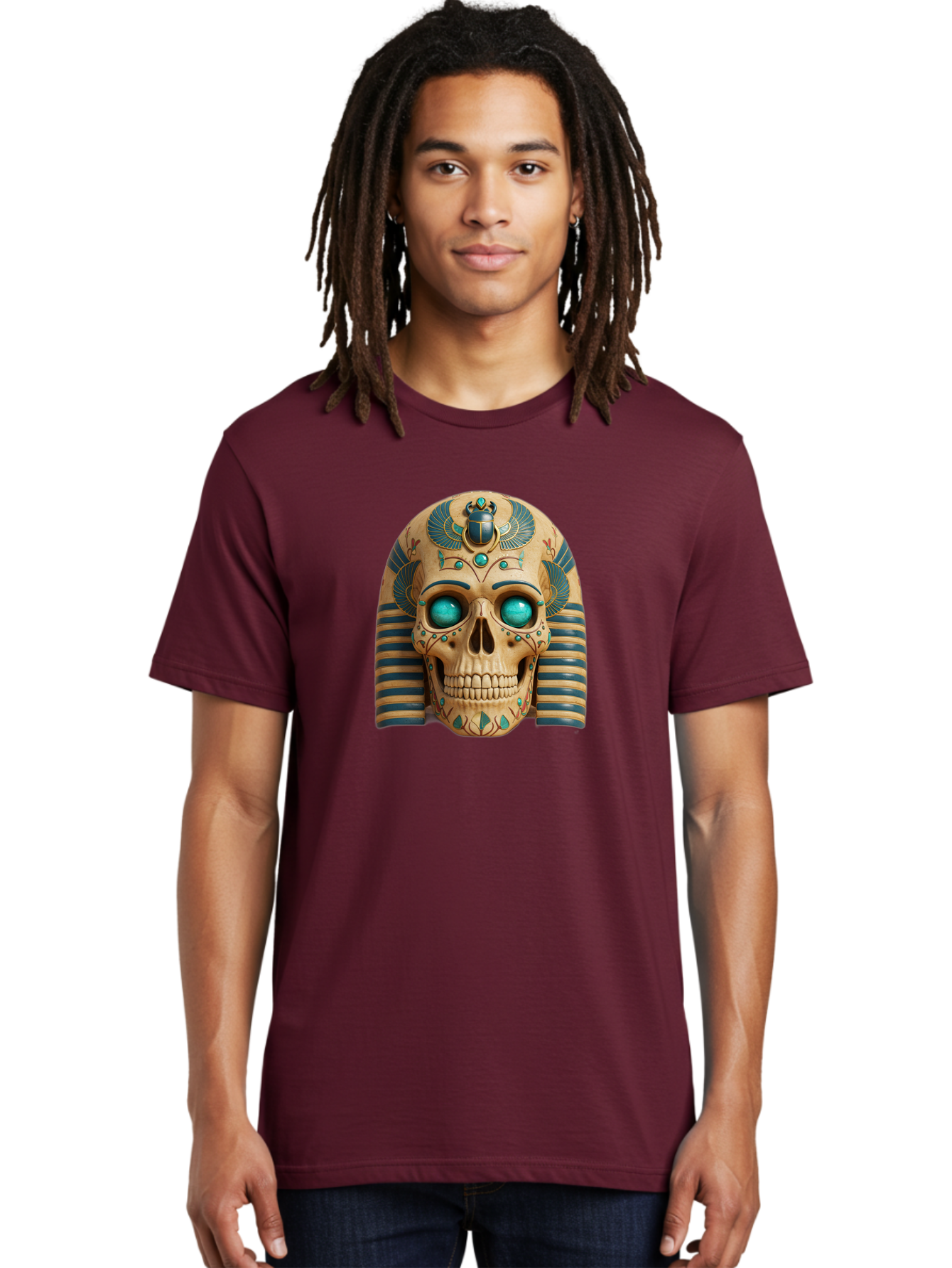 Skull-With-Egyptian-Headdress Men'S Graphic Tee, 100% Cotton, Comfortable Casual Summer Wear, Machine Washable, Ancient Egyptian Skull, Pharaoh'S Mask, Turquoise Gemstones, Blue Stripes, Scarab Beetle, Mystical Symbols, Intricate Designs, Bad608 21