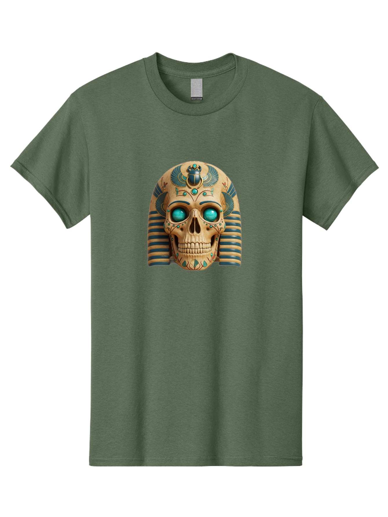 Skull-With-Egyptian-Headdress Men'S Graphic Tee, 100% Cotton, Comfortable Casual Summer Wear, Machine Washable, Ancient Egyptian Skull, Pharaoh'S Mask, Turquoise Gemstones, Blue Stripes, Scarab Beetle, Mystical Symbols, Intricate Designs, Bad608 4