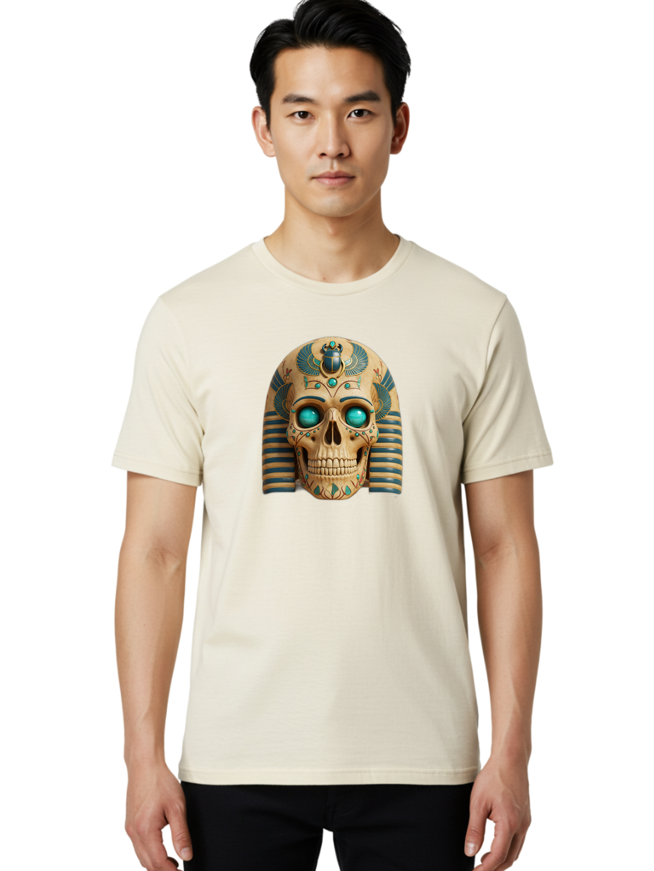 Skull-With-Egyptian-Headdress Men'S Graphic Tee, 100% Cotton, Comfortable Casual Summer Wear, Machine Washable, Ancient Egyptian Skull, Pharaoh'S Mask, Turquoise Gemstones, Blue Stripes, Scarab Beetle, Mystical Symbols, Intricate Designs, Bad608 25