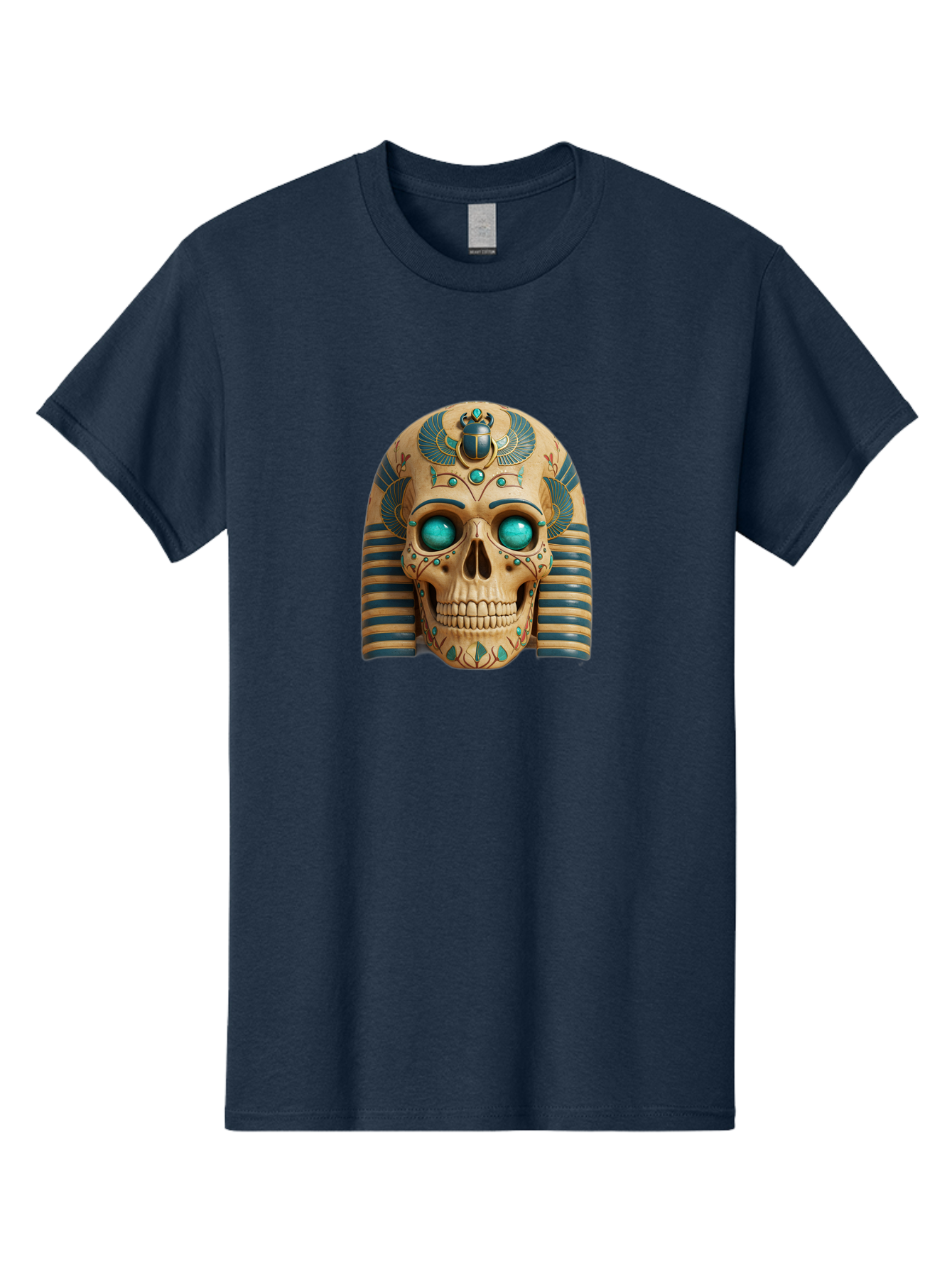 Skull-With-Egyptian-Headdress Men'S Graphic Tee, 100% Cotton, Comfortable Casual Summer Wear, Machine Washable, Ancient Egyptian Skull, Pharaoh'S Mask, Turquoise Gemstones, Blue Stripes, Scarab Beetle, Mystical Symbols, Intricate Designs, Bad608 7