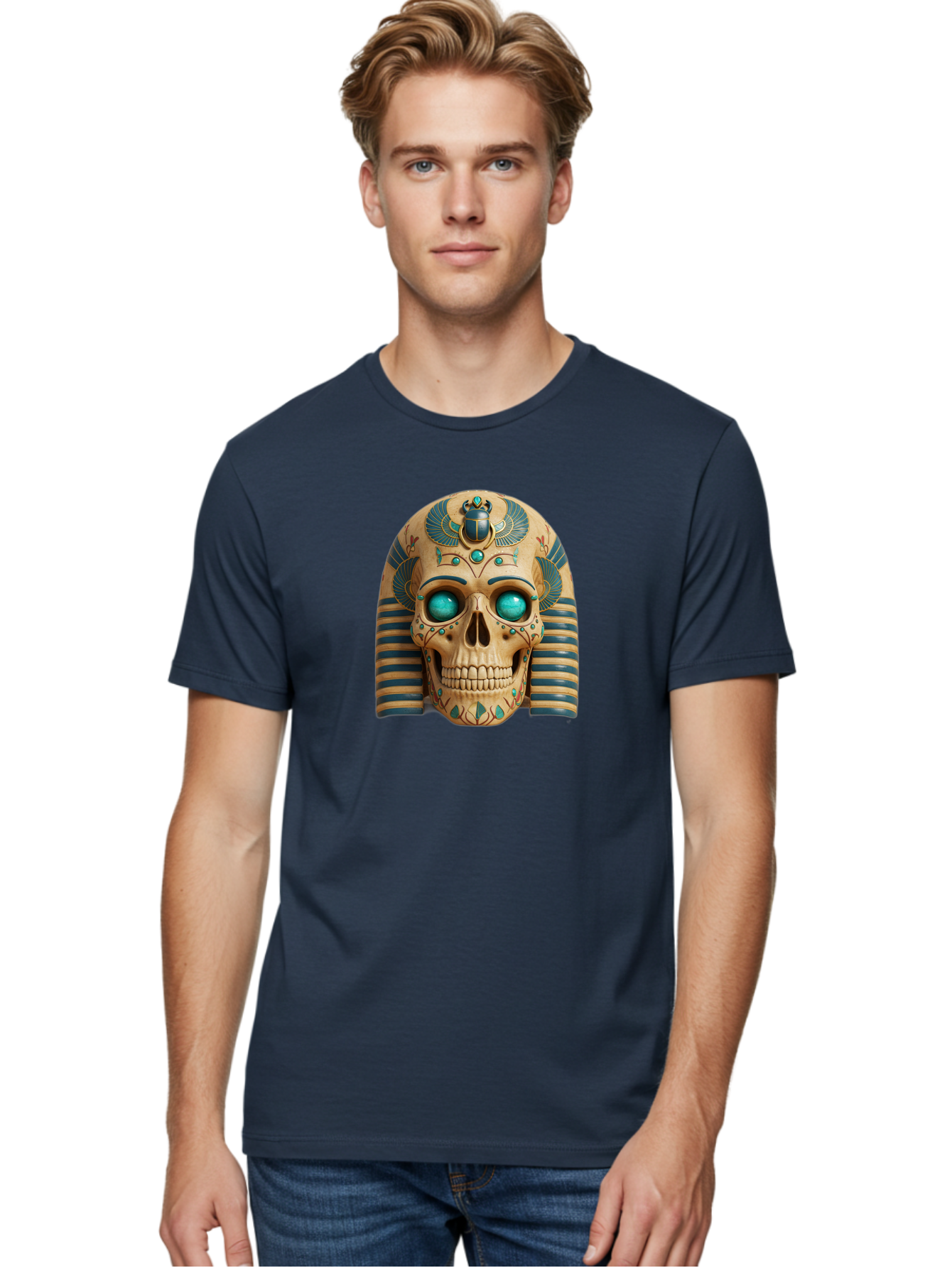 Skull-With-Egyptian-Headdress Men'S Graphic Tee, 100% Cotton, Comfortable Casual Summer Wear, Machine Washable, Ancient Egyptian Skull, Pharaoh'S Mask, Turquoise Gemstones, Blue Stripes, Scarab Beetle, Mystical Symbols, Intricate Designs, Bad608 22