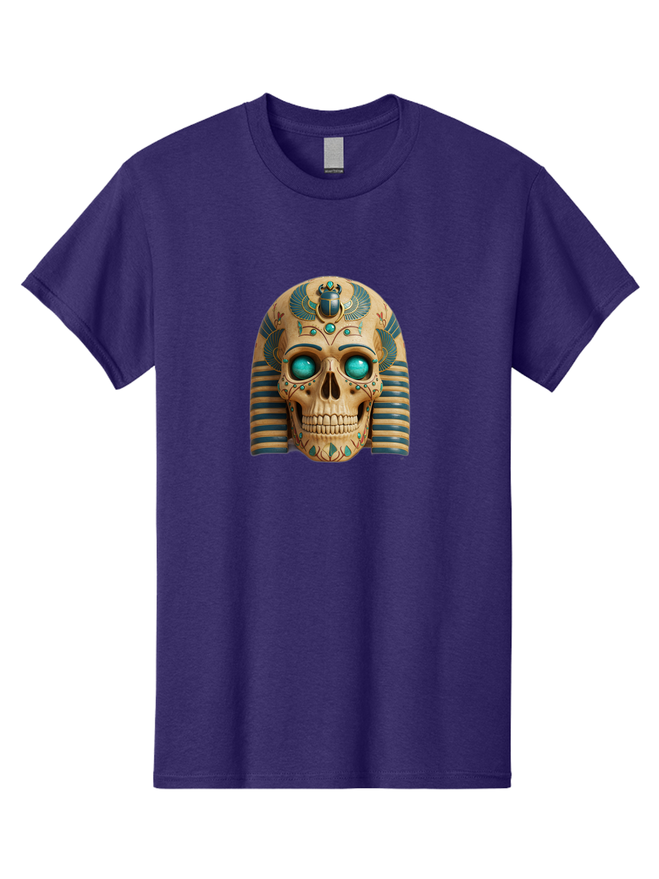 Skull-With-Egyptian-Headdress Men'S Graphic Tee, 100% Cotton, Comfortable Casual Summer Wear, Machine Washable, Ancient Egyptian Skull, Pharaoh'S Mask, Turquoise Gemstones, Blue Stripes, Scarab Beetle, Mystical Symbols, Intricate Designs, Bad608 2