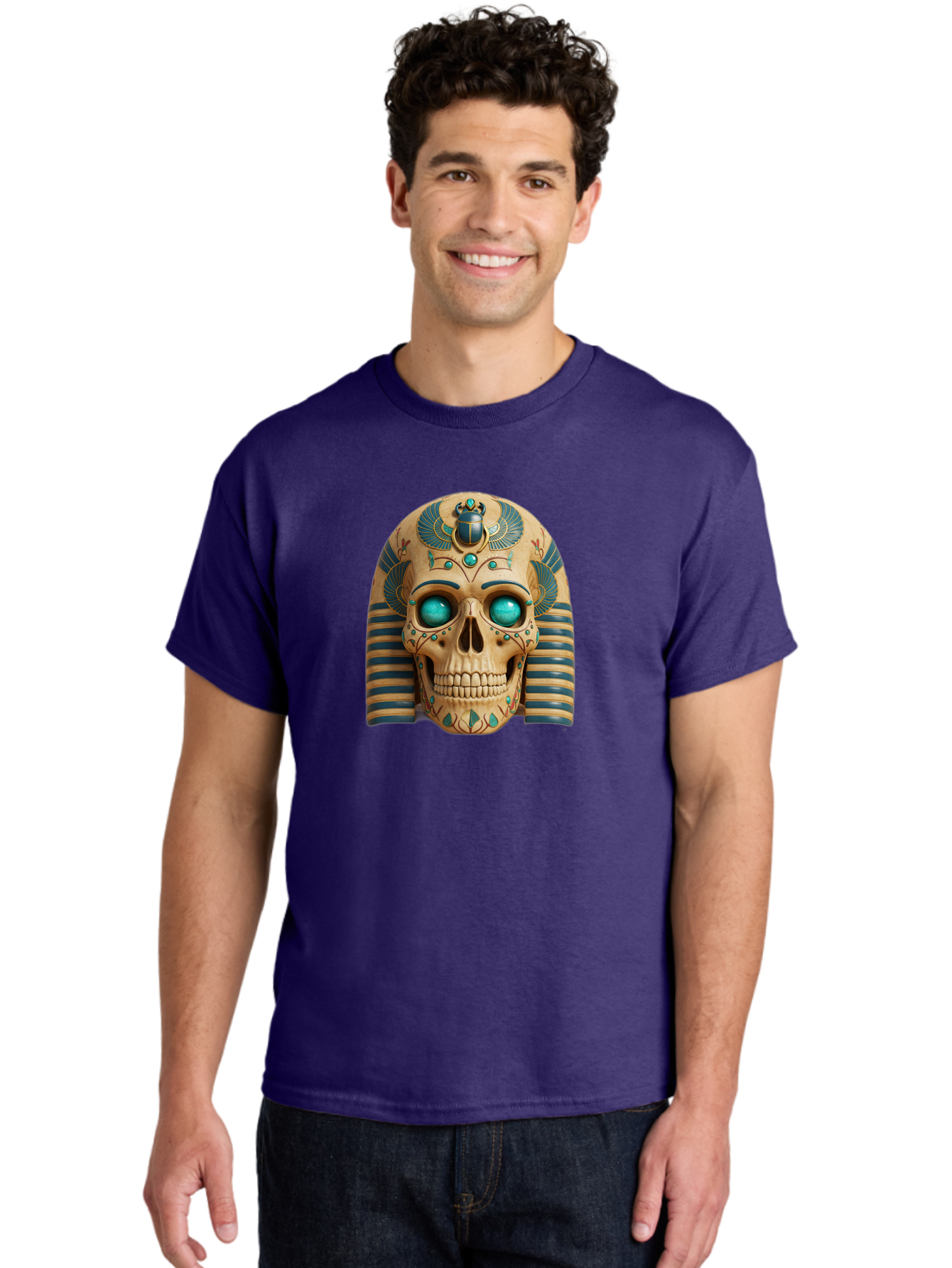 Skull-With-Egyptian-Headdress Men'S Graphic Tee, 100% Cotton, Comfortable Casual Summer Wear, Machine Washable, Ancient Egyptian Skull, Pharaoh'S Mask, Turquoise Gemstones, Blue Stripes, Scarab Beetle, Mystical Symbols, Intricate Designs, Bad608 17