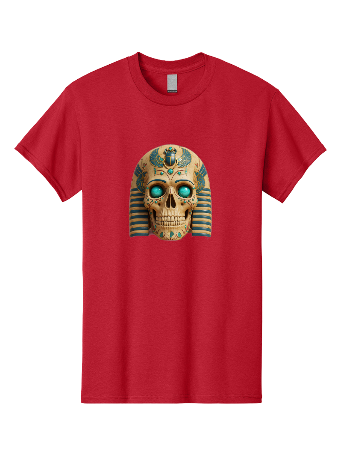 Skull-With-Egyptian-Headdress Men'S Graphic Tee, 100% Cotton, Comfortable Casual Summer Wear, Machine Washable, Ancient Egyptian Skull, Pharaoh'S Mask, Turquoise Gemstones, Blue Stripes, Scarab Beetle, Mystical Symbols, Intricate Designs, Bad608 9