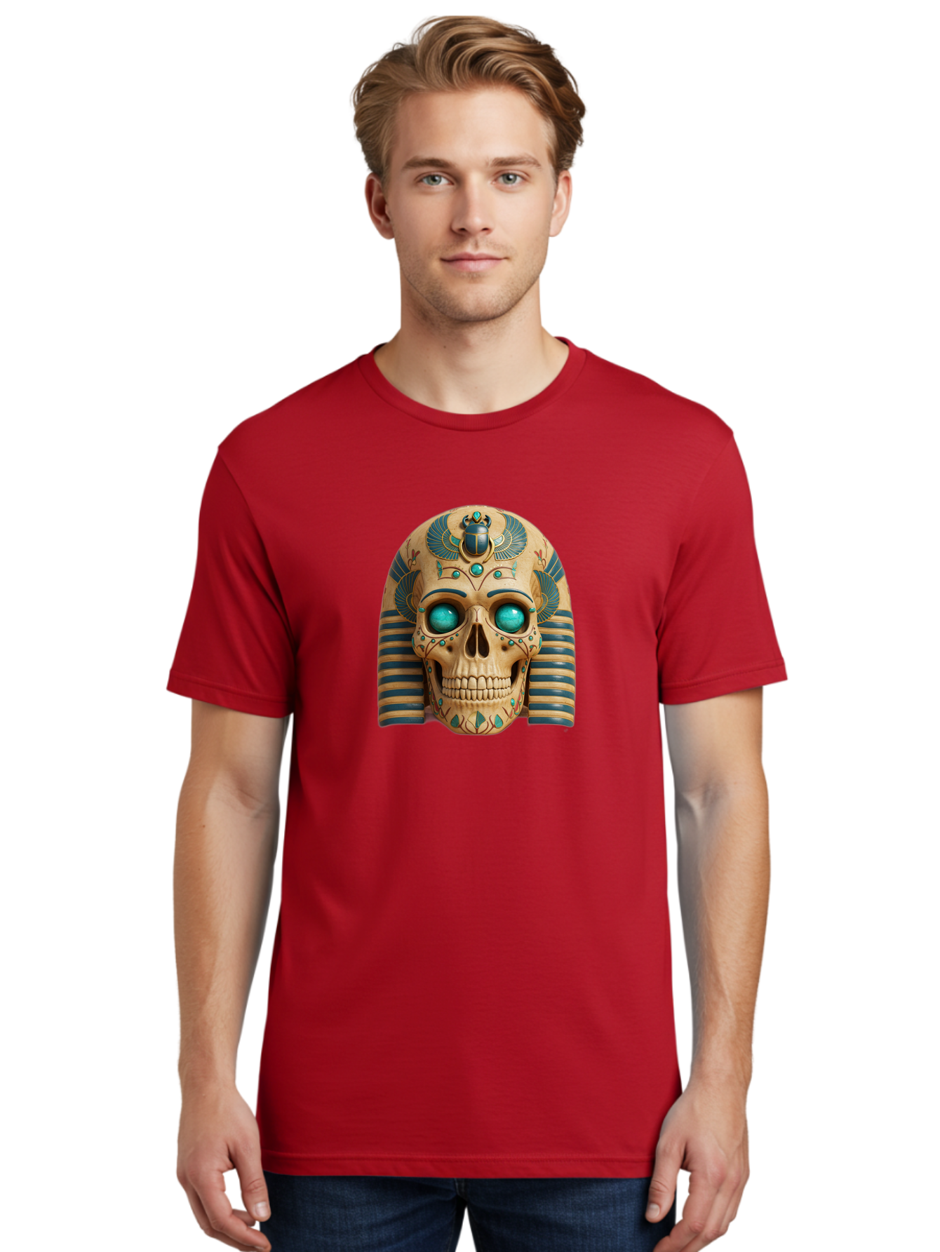 Skull-With-Egyptian-Headdress Men'S Graphic Tee, 100% Cotton, Comfortable Casual Summer Wear, Machine Washable, Ancient Egyptian Skull, Pharaoh'S Mask, Turquoise Gemstones, Blue Stripes, Scarab Beetle, Mystical Symbols, Intricate Designs, Bad608 24