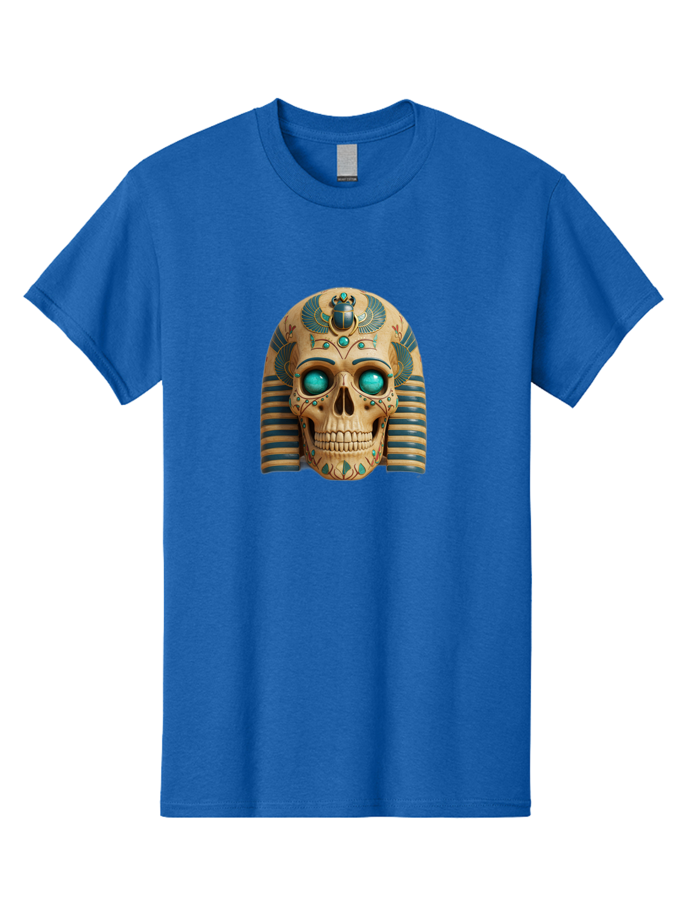 Skull-With-Egyptian-Headdress Men'S Graphic Tee, 100% Cotton, Comfortable Casual Summer Wear, Machine Washable, Ancient Egyptian Skull, Pharaoh'S Mask, Turquoise Gemstones, Blue Stripes, Scarab Beetle, Mystical Symbols, Intricate Designs, Bad608 11