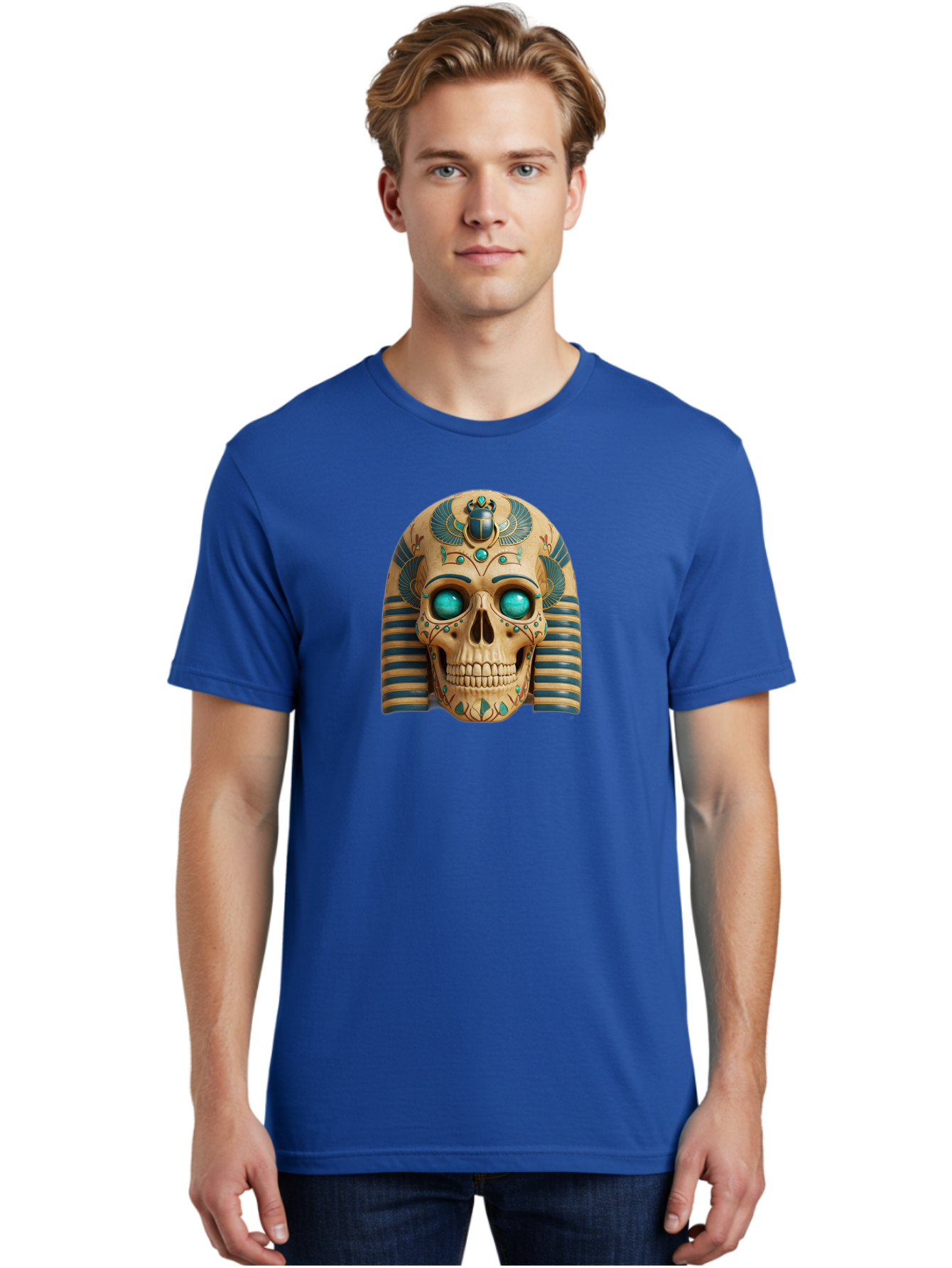 Skull-With-Egyptian-Headdress Men'S Graphic Tee, 100% Cotton, Comfortable Casual Summer Wear, Machine Washable, Ancient Egyptian Skull, Pharaoh'S Mask, Turquoise Gemstones, Blue Stripes, Scarab Beetle, Mystical Symbols, Intricate Designs, Bad608 26