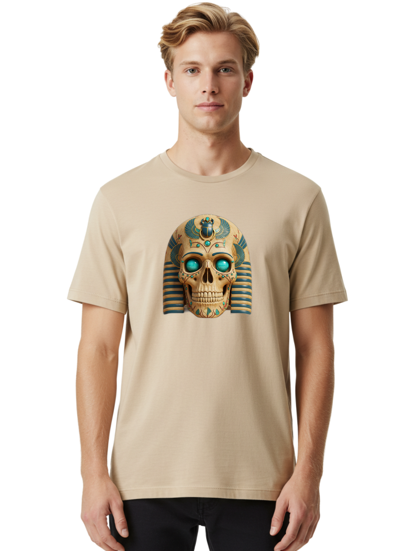 Skull-With-Egyptian-Headdress Men'S Graphic Tee, 100% Cotton, Comfortable Casual Summer Wear, Machine Washable, Ancient Egyptian Skull, Pharaoh'S Mask, Turquoise Gemstones, Blue Stripes, Scarab Beetle, Mystical Symbols, Intricate Designs, Bad608 16